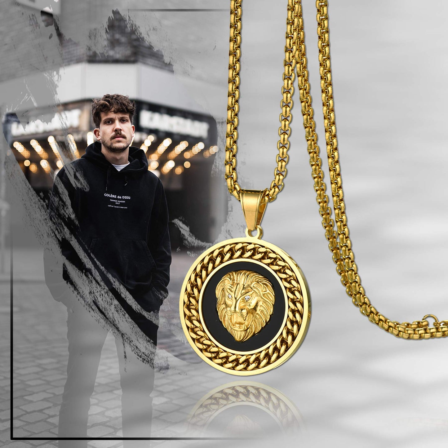 Flongo Herren Halskette Medaillon mit Löwe Kopf Anhänger Gold Löwenkopf Kette Hip Hop Biker für Männer Herren Accessoires