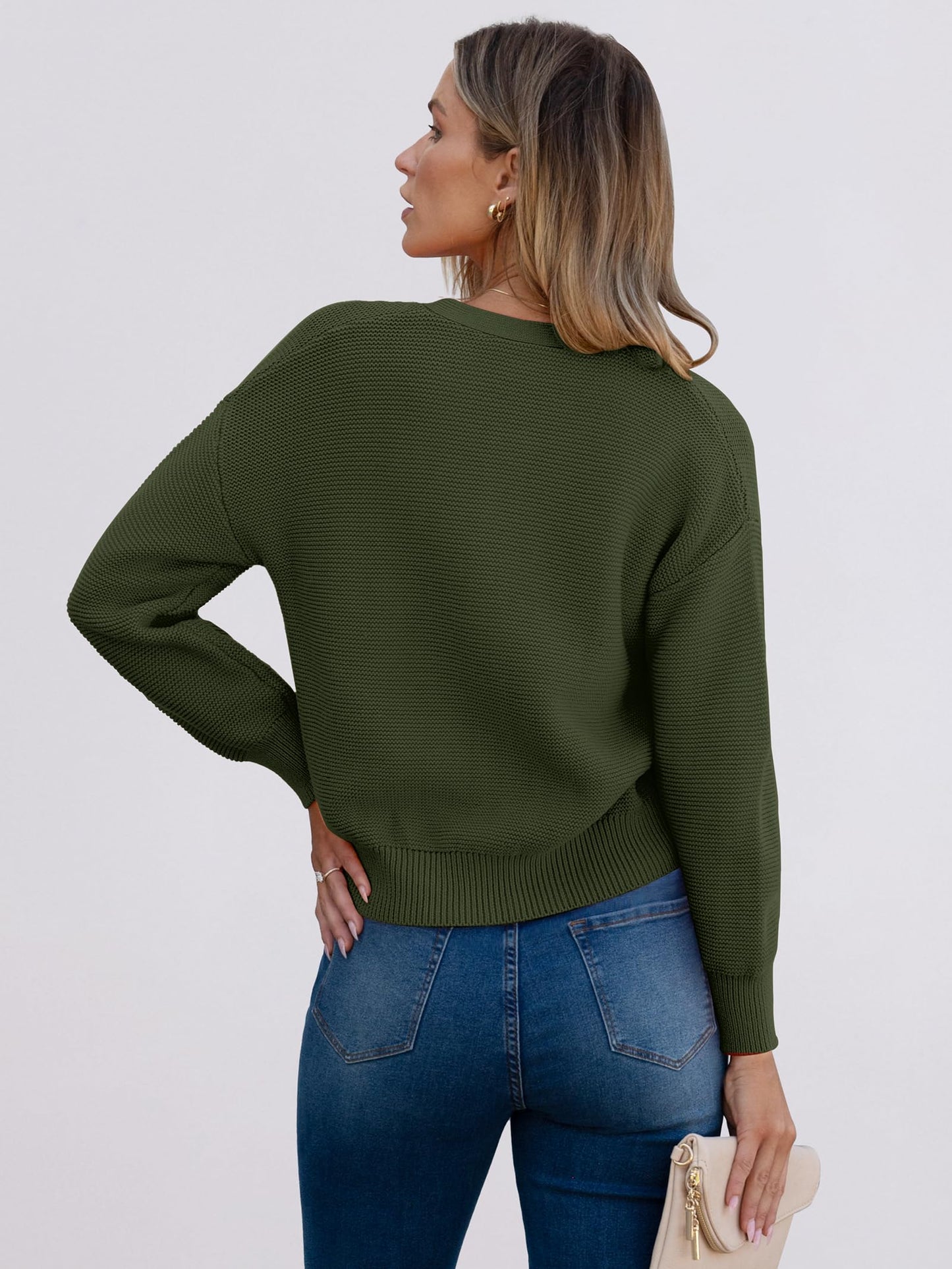 Caracilia Cropped Cardigan Sweaters for Women Long Sleeve Open Front Knit Cardigan Casual Button Down Tweed Jackets 2024 Fall Army Green X-Large