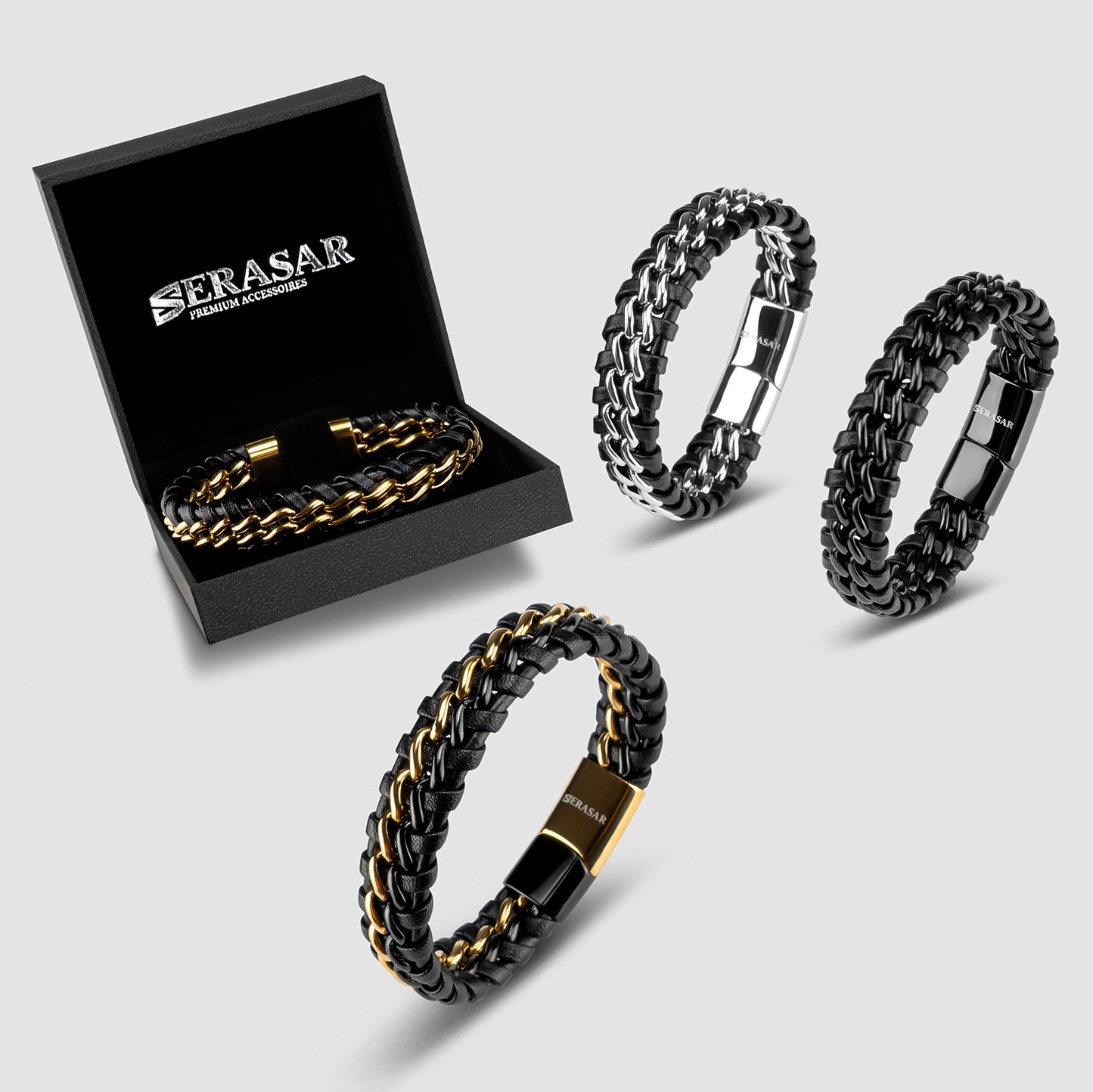 SERASAR Lederarmband Herren 20cm Gold Männer-Armband Leder-Armreif Herren-Lederband Herrenarmreif Armschmuck Leder-Schmuck Herrenschmuck Flecht-Armband Leder-Wickelarmband Leder-Kette Leather Bracelet