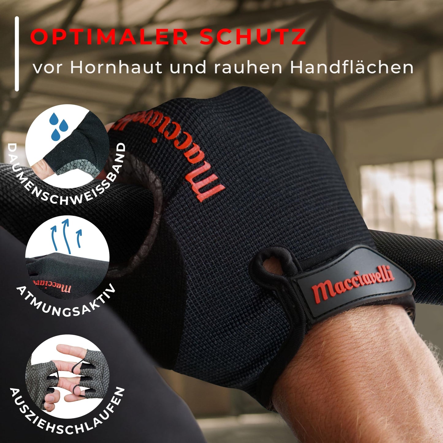 MACCIAVELLI® Fitness Handschuhe Damen Herren - Trainingshandschuhe für Kraftsport, Krafttraining, Bodybuilding - Gym Handschuhe, Fitnesshandschuhe