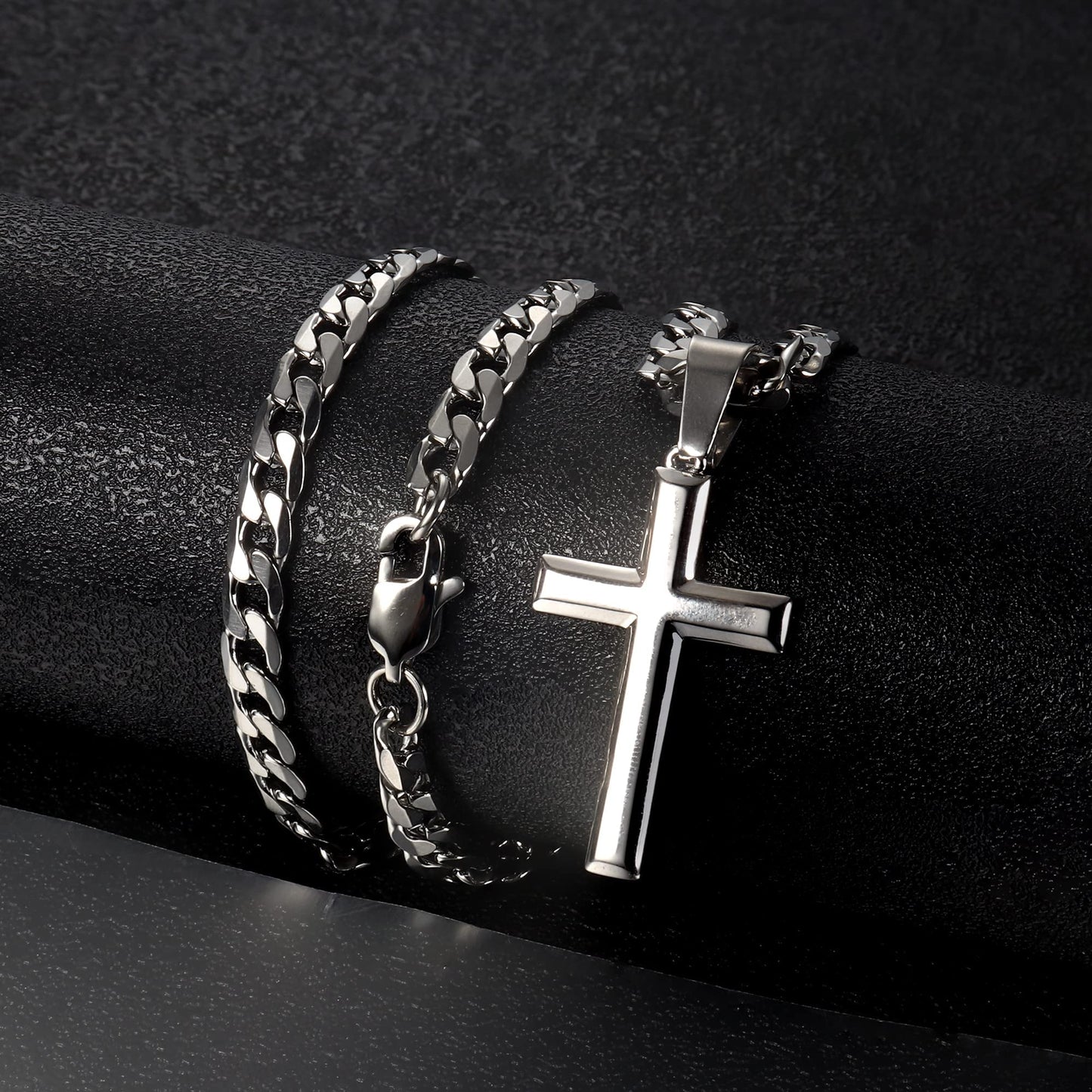 Chriscoco 925 Sterling Silber Kreuz Anhänger Halskette für Herren Damen Edelstahl Diamantschliff Figaro Kreuz Kette Halskette Poliert Abgeschrägten Kanten Kreuzanhänger Halskette