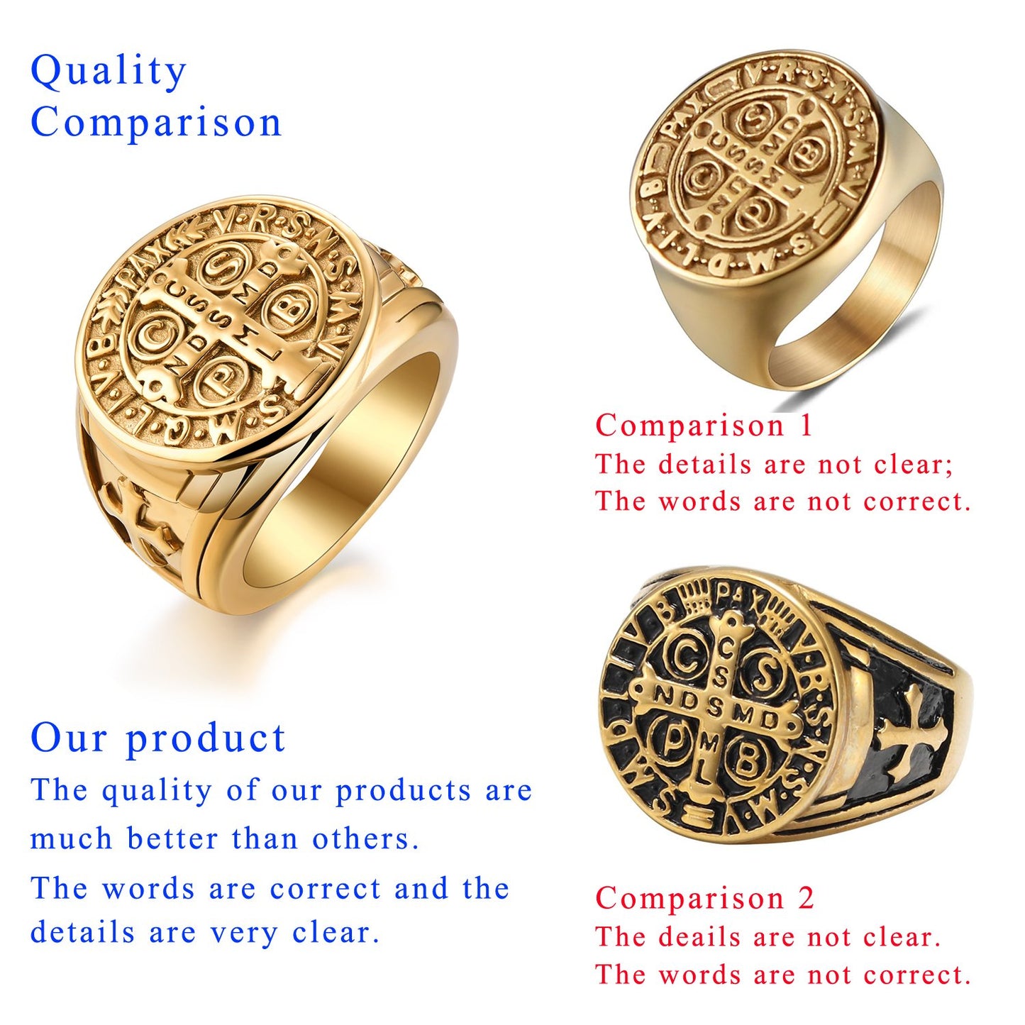 LAOYOU St Benedict Ring Men's Stainless Steel Christian Roman Rings Mens Catholic Saint Benedict Exorcism Ring Cross Demon Protection Ghost Hunter CSPB Men Dad Boyfriend Gold plated Christmas Size 13