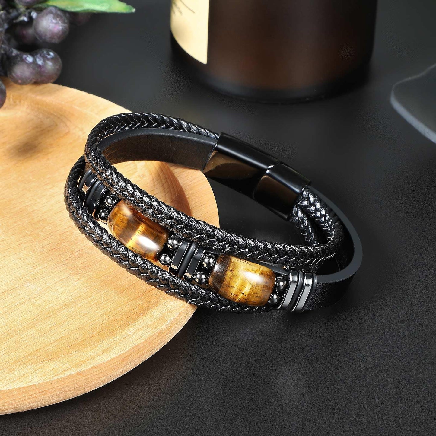 Enjoy Risingsun Tigerauge Schwarzes Lederarmband für Herren, natürlicher Tigerauge-Edelstein, Kristallstein-Schmuck, handgefertigt, Mut- und Stressabbau-Schutzarmband