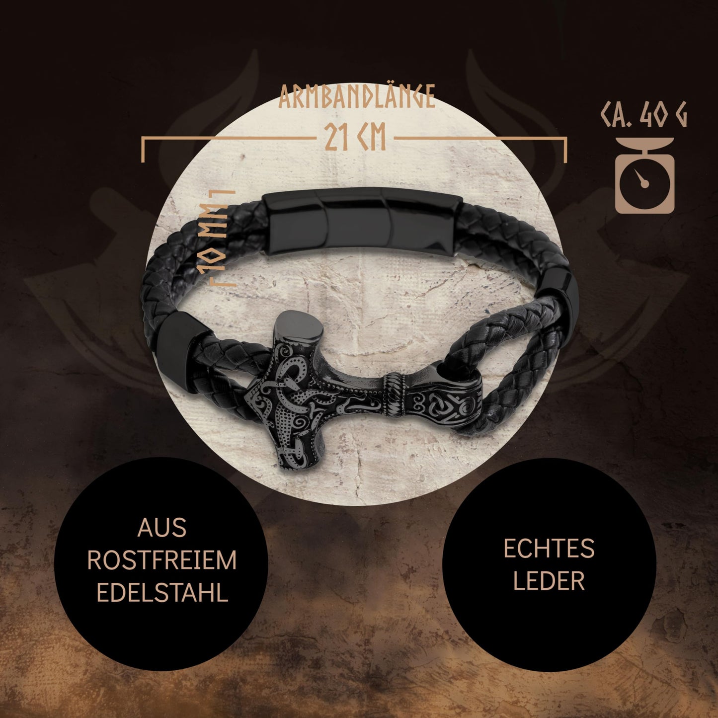 VIKING CRAFT Wikinger Lederarmband Thor - Wikinger Armband Herren aus Leder u. Edelstahl - Wikinger Schmuck Armreif Mjölnir, Wikinger Deko, Mittelalter Deko Wikinger Geschenke Männer Schmuck Viking