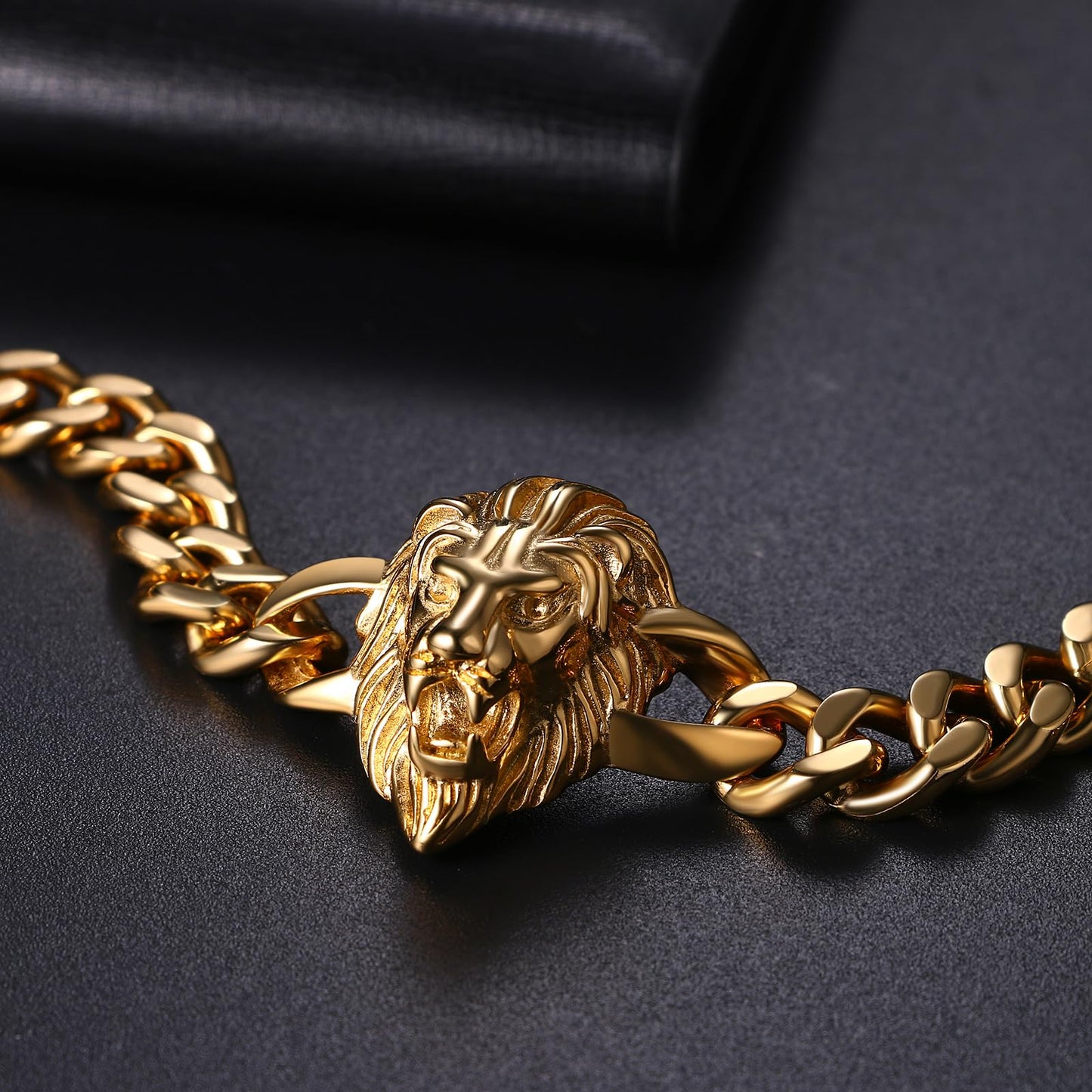 Flongo Herren Löwe Armband Edelstahl: Gold Wikinger Schmuck Charms Cuban Kette mit Löwenkopf Lion Head Löwen Armkette Retro Biker Geschenk für Männer Damen breit Weihnachten Geburtstag Jahrestag