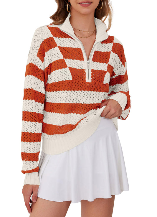 Womens Orange Striped Sweater Quarter Zip Pullover V Neck Crochet 2024 Color Block Trendy Knit Crop Tops