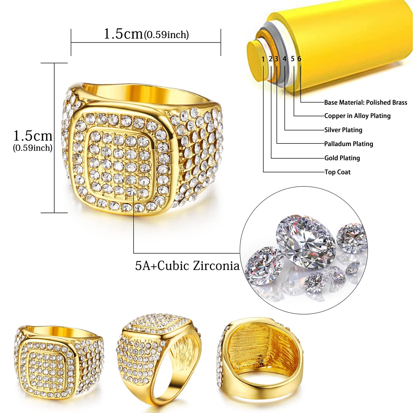 Jstyle 4Pcs 18K Gold Plated Bling Pinky Ring Simulated Diamond Iced Out Ring CZ Punky Rappers Ring Star Square Hip Hop Ring for Men