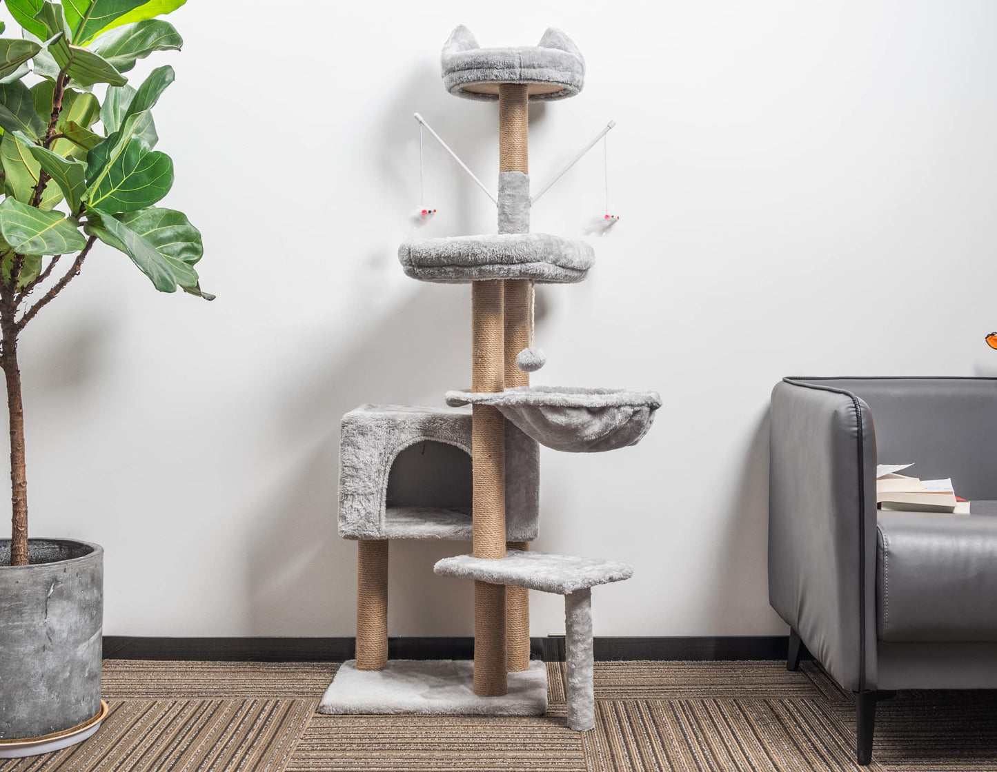 HOMIDEC Katzen Kratzbaum, 145 cm Katzenbaum Kletterturm, Kletterbaum Aktivitätskratzbäum mit Säulen vollständig mit Sisal umwickelt, Katzenspielzeug, Höhle, Plattformen, Liegemulde, Hellgrau