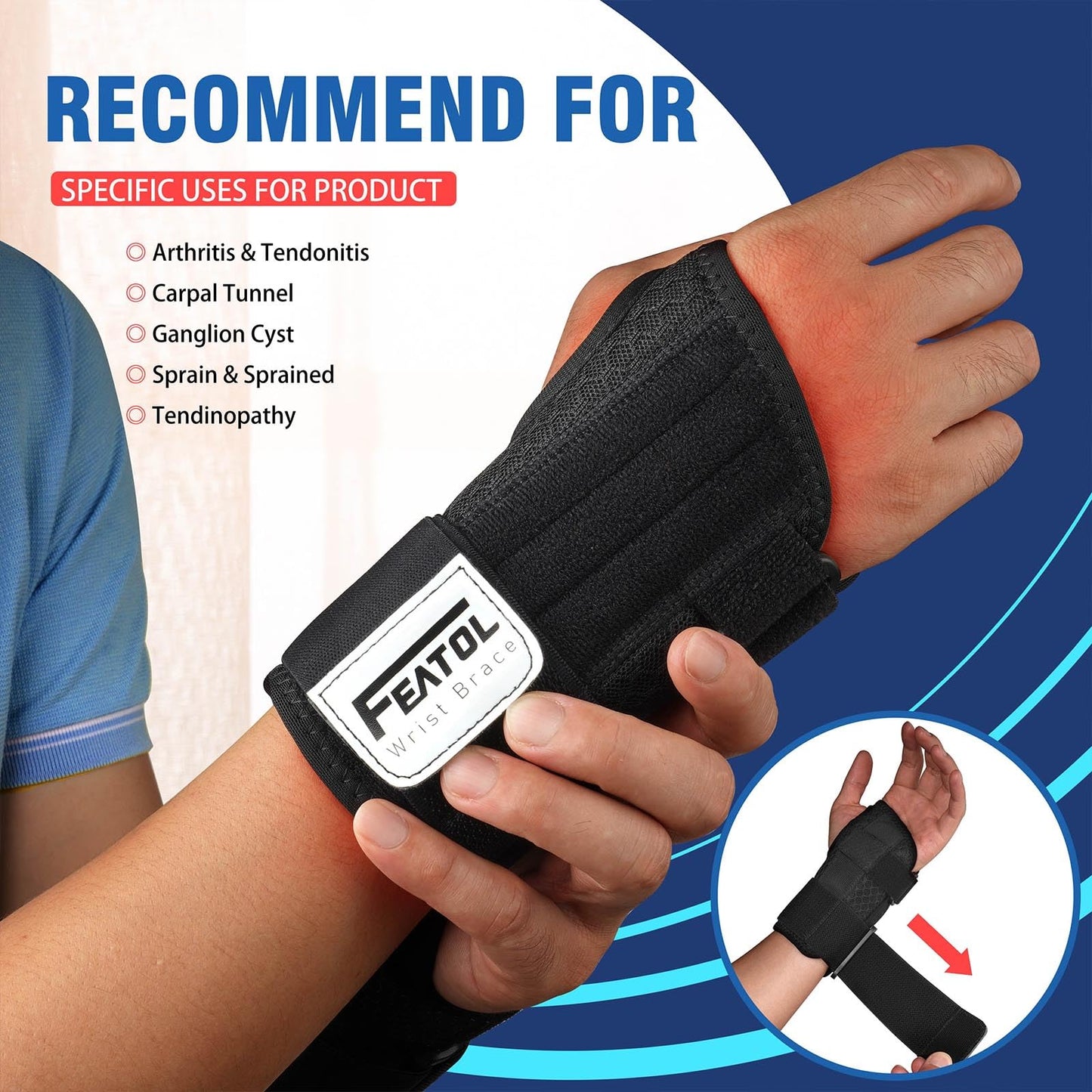 FEATOL 2 Pack Carpal Tunnel Wrist Brace For Work With Wrist Splint, Adjustable Wrist Guard Daytime Support For Women Men, Pain Relief For Pregnancy, Typing, Arthritis, Tendonitis, Right Hand Left Hand Medium