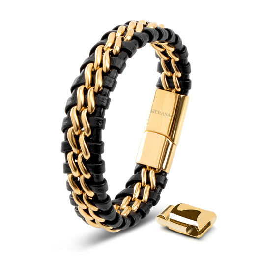 SERASAR Lederarmband Herren 20cm Gold Männer-Armband Leder-Armreif Herren-Lederband Herrenarmreif Armschmuck Leder-Schmuck Herrenschmuck Flecht-Armband Leder-Wickelarmband Leder-Kette Leather Bracelet