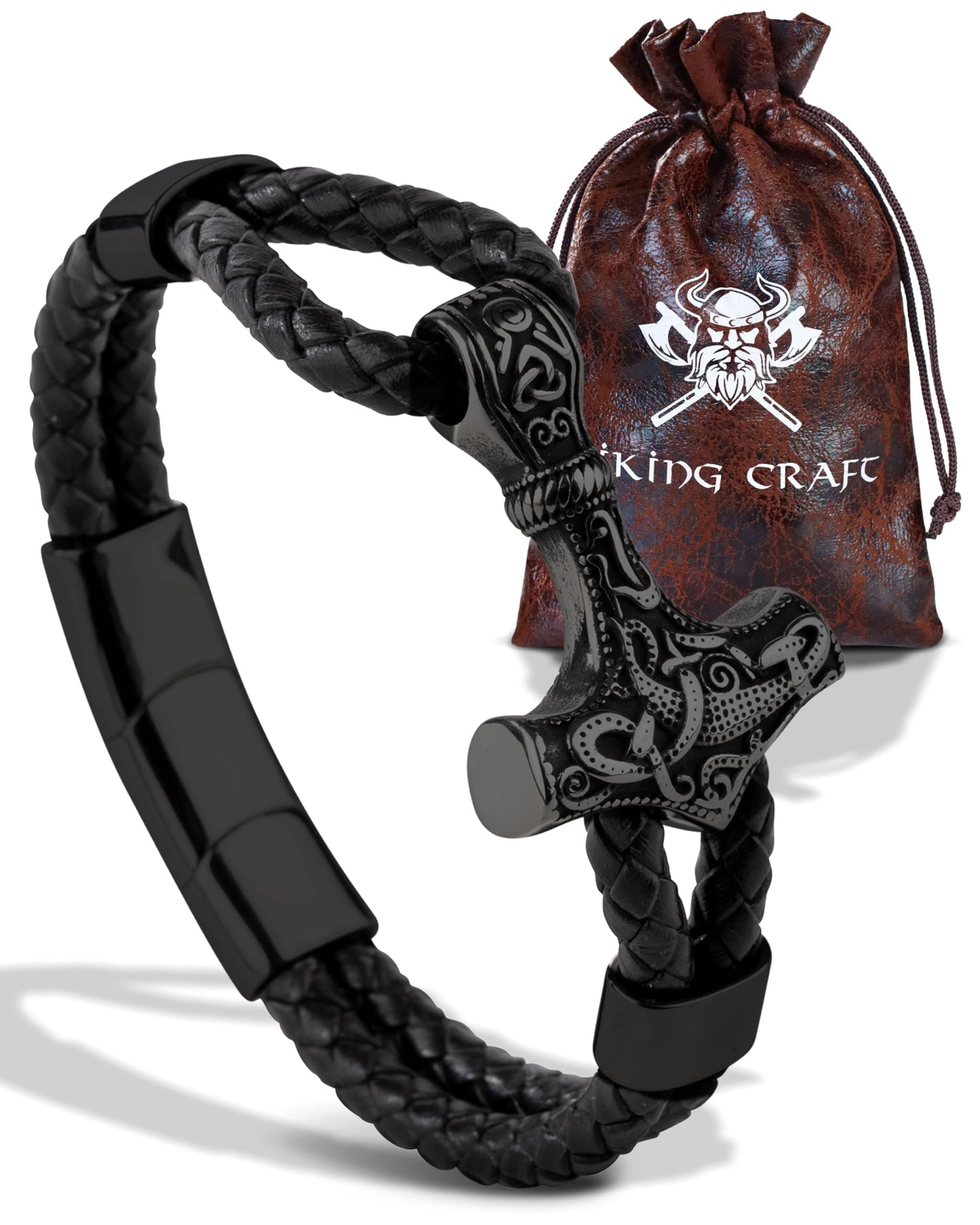 VIKING CRAFT Wikinger Lederarmband Thor - Wikinger Armband Herren aus Leder u. Edelstahl - Wikinger Schmuck Armreif Mjölnir, Wikinger Deko, Mittelalter Deko Wikinger Geschenke Männer Schmuck Viking