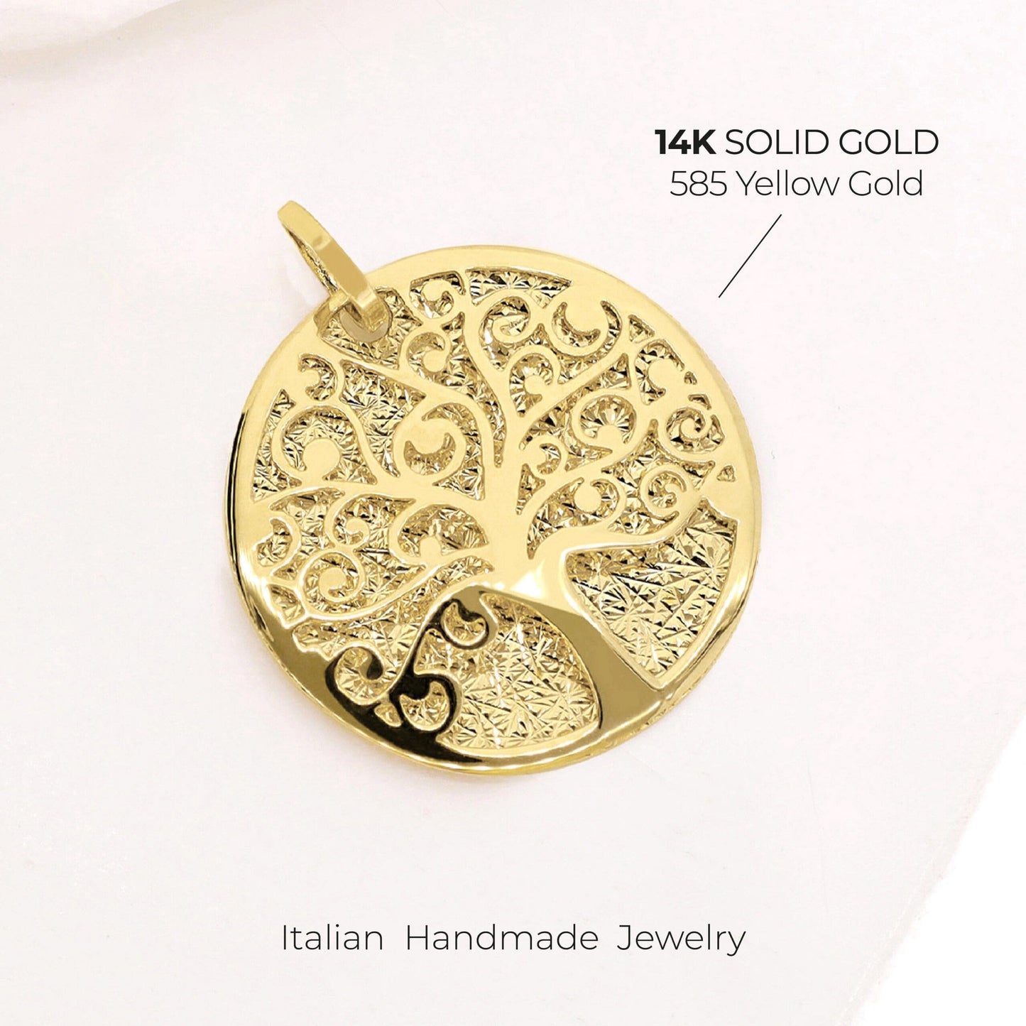 Lucchetta - Baum des Lebens Anhänger in 14K Gelbgold mit Diamant-effekt Medaille, Durchmesser 17mm, Goldanhänger Damen Mädchen 585 Echtgold für Kette (bis zu 4 mm) - hergestellt in Italien