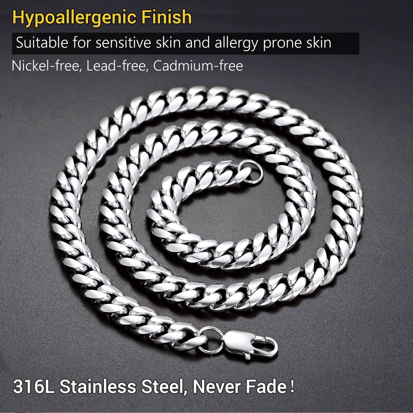 PROSTEEL Herren Panzerkette 51cm Halskette Edelstahl 10mm breit massiv Schwer Kubanische Gliederkette silber Hip-Hop Street Style Schmuck für Männer Jungen