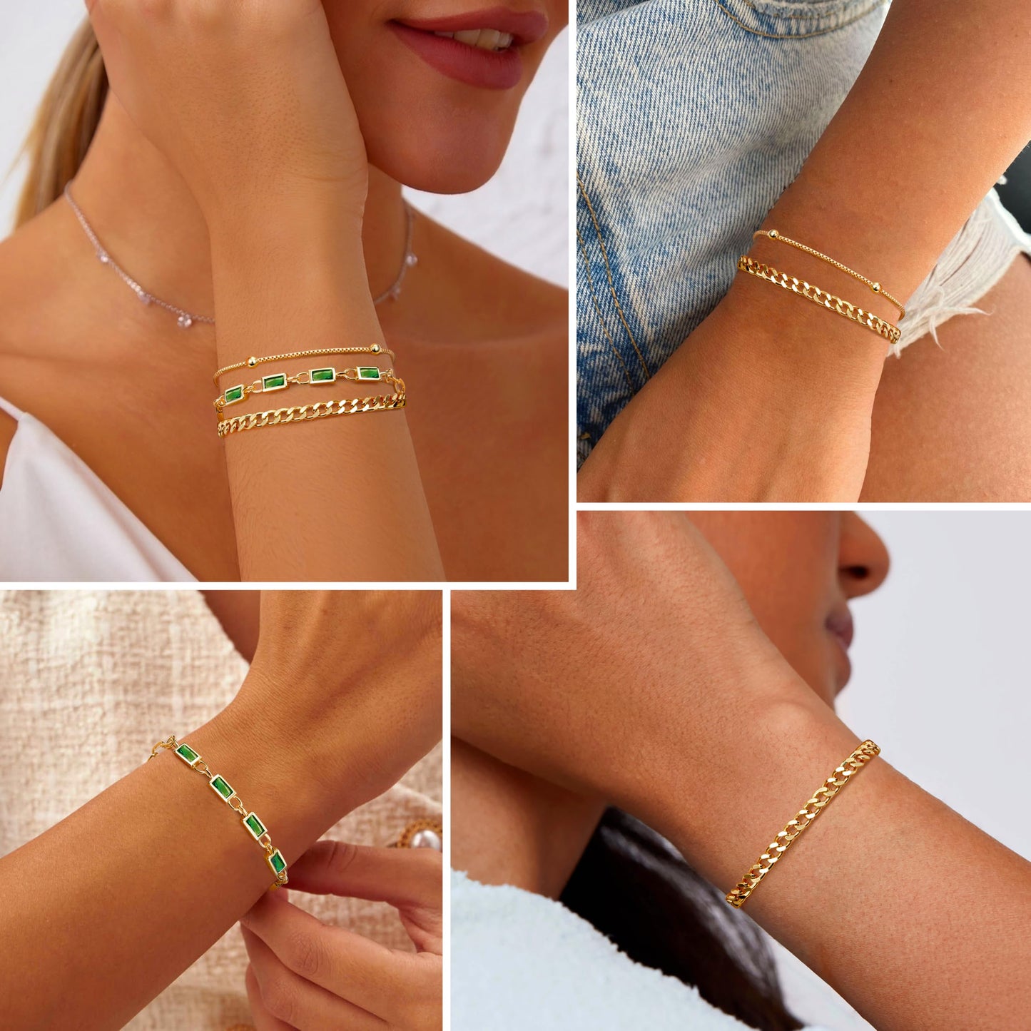 YADOCA Gold Armband für Damen Mädchen, 18K Gold Vergoldet geschichtet Schmuck Armband Set zierlich Stapelbar Armbänder Link Büroklammer Kette Frauen Mädchen -Grün