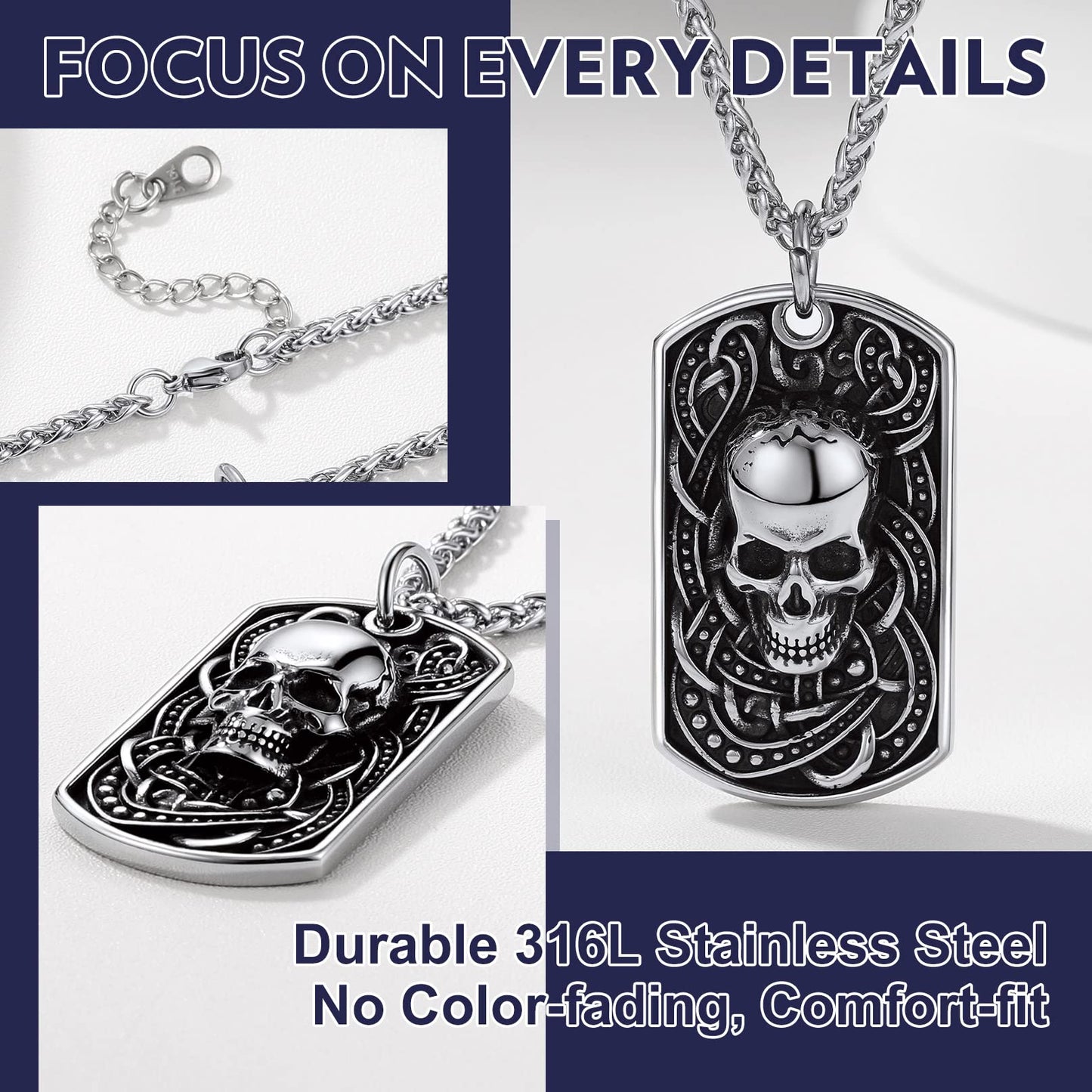 Bandmax Totenkopf Dog Tag Kette Herren Edelstahl Halskettchen Militärische Anhänger Halskette Skull Halskette Schädel Kette Gotik Punk Schmuckstück