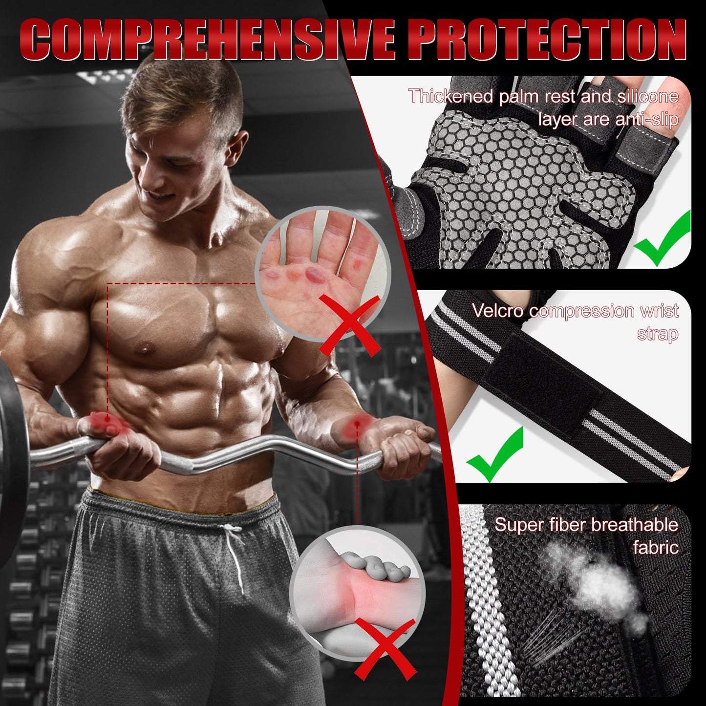 KUOGAS Fitness Handschuhe, Trainingshandschuhe für Damen und Herren - Fitness Handschuhe für Krafttraining, Bodybuilding, Kraftsport & Crossfit Training (L)