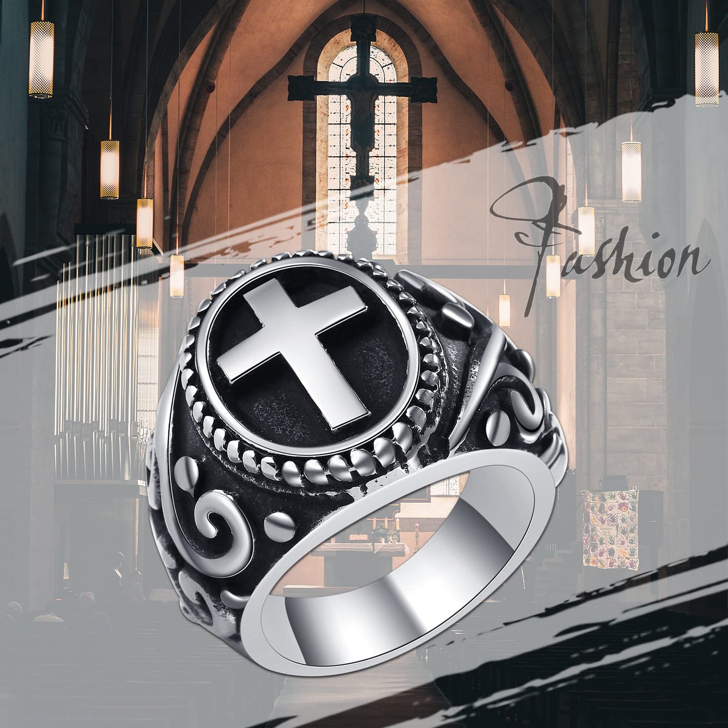 NMQLX Men's Ring, Vintage Cross Ring, Stainless Steel Punk Ring