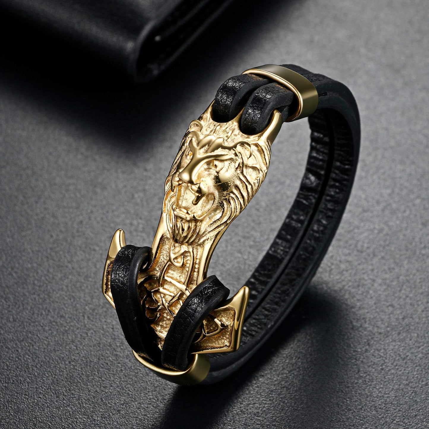 OIDEA Leder Armband Herren Thor Hammer Löwe Kopf Armreif für Herren Männer Jungen Unisex Gold Schwarz