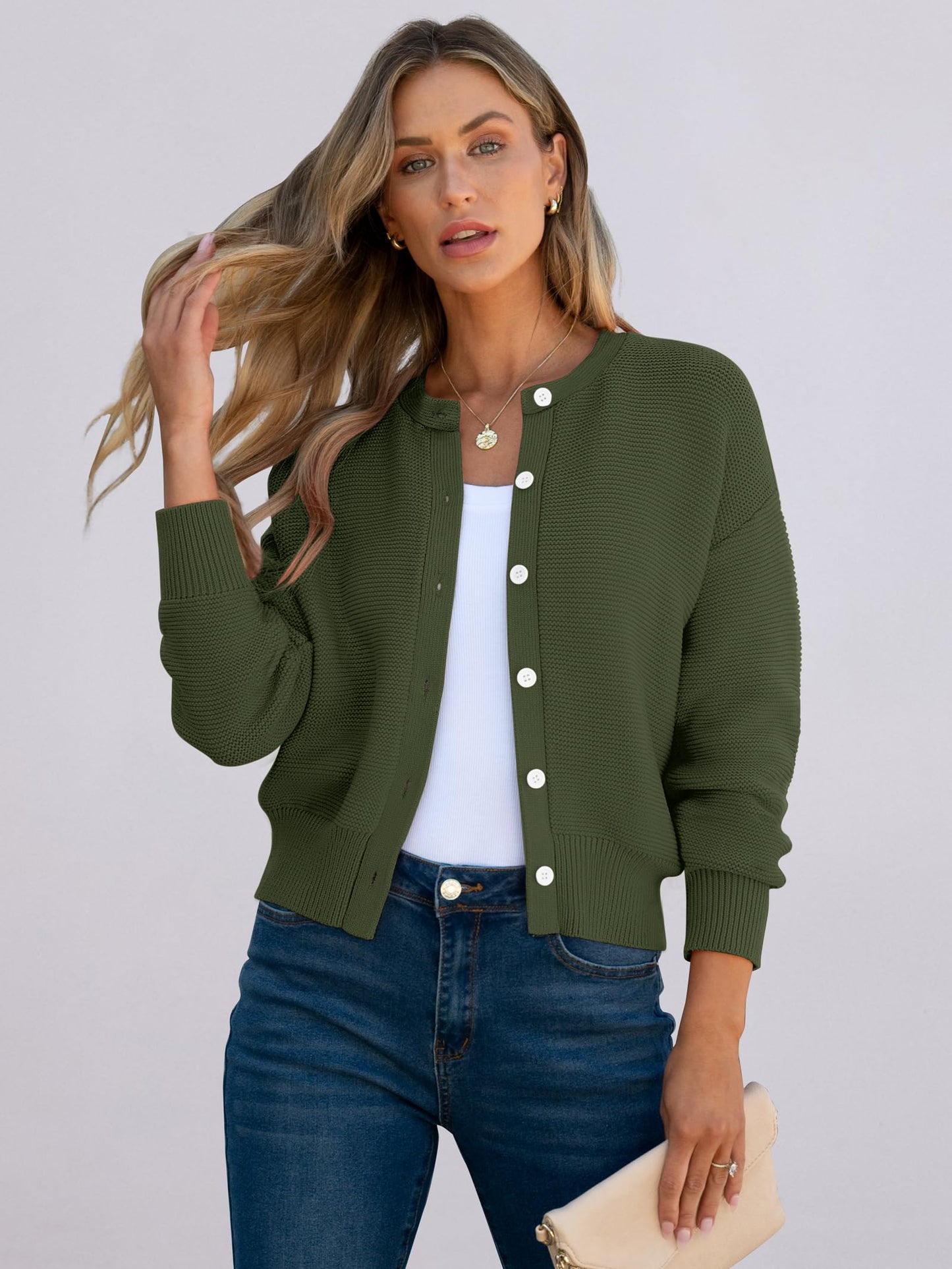 Caracilia Cropped Cardigan Sweaters for Women Long Sleeve Open Front Knit Cardigan Casual Button Down Tweed Jackets 2024 Fall Army Green X-Large