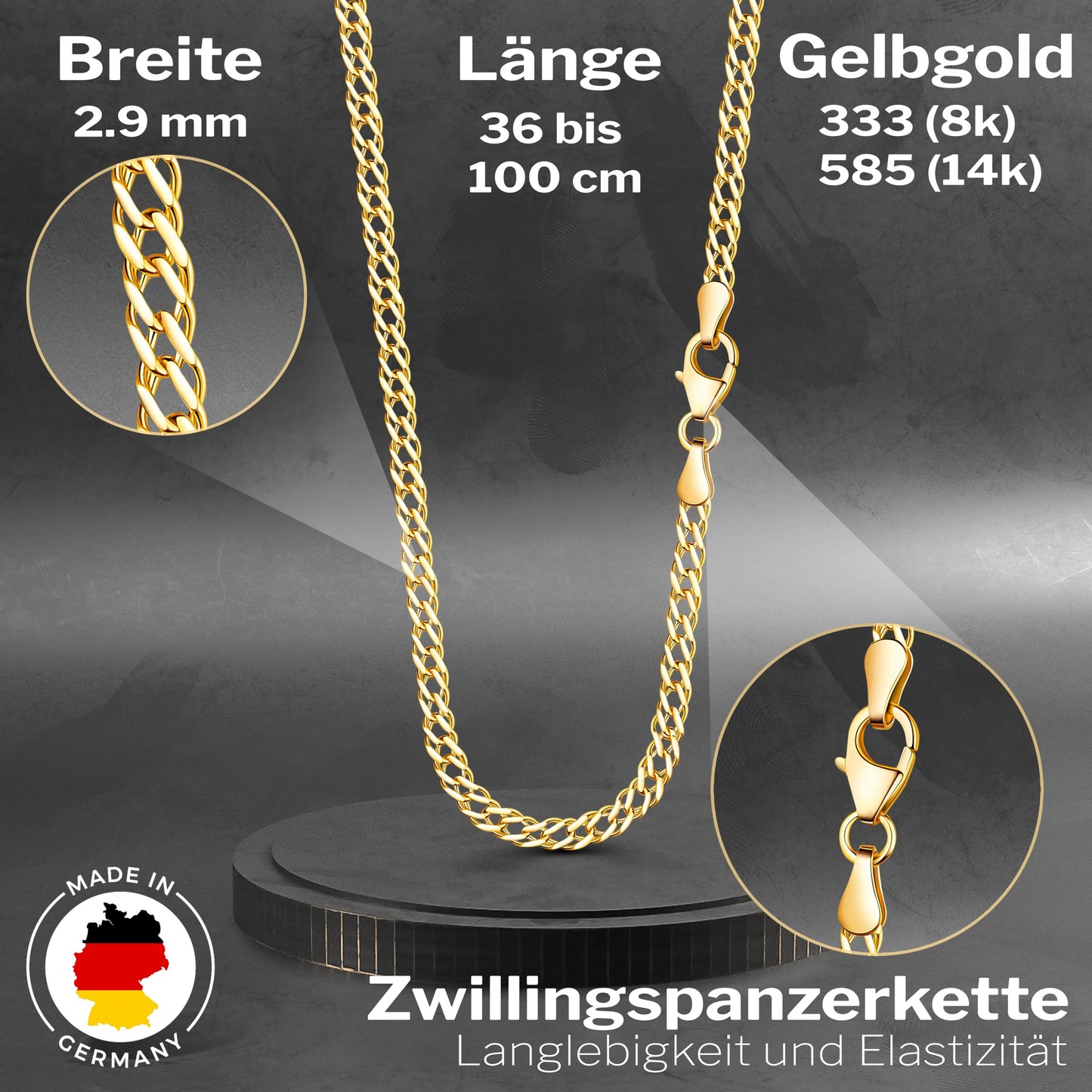 EDELIND Goldkette Damen Herren 585 Gold 2.9 mm Länge 60cm, Zwillingspanzerkette Gelbgold Kette Echt Gold mit Stempel, Halskette Made in Germany