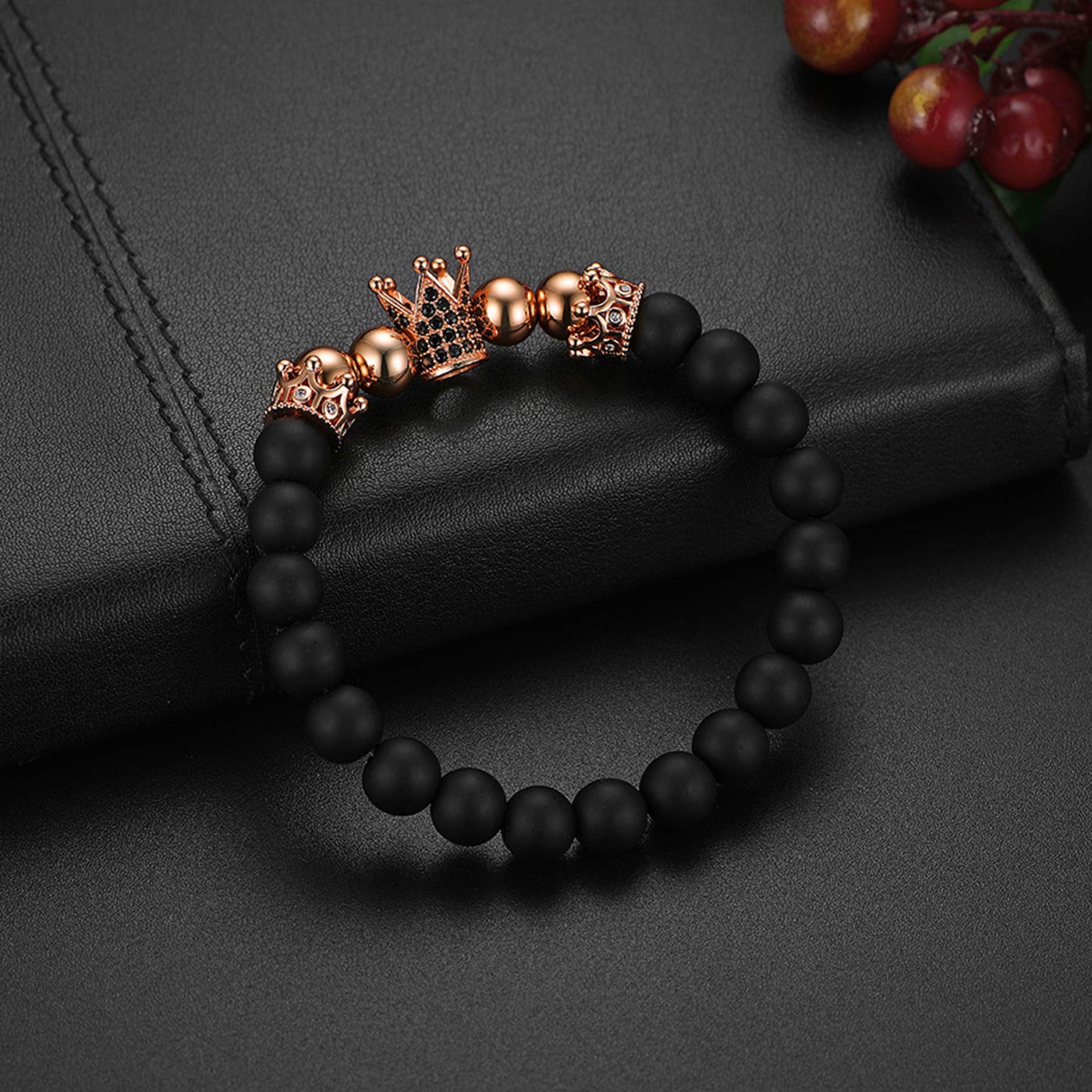 Flongo Energiearmband Kugelkette Lava Mala Herren Armband Damen Armreif Stein Kugel Perlen Armkette mit Krone Schwarz Rose Gold für Männer Frauen