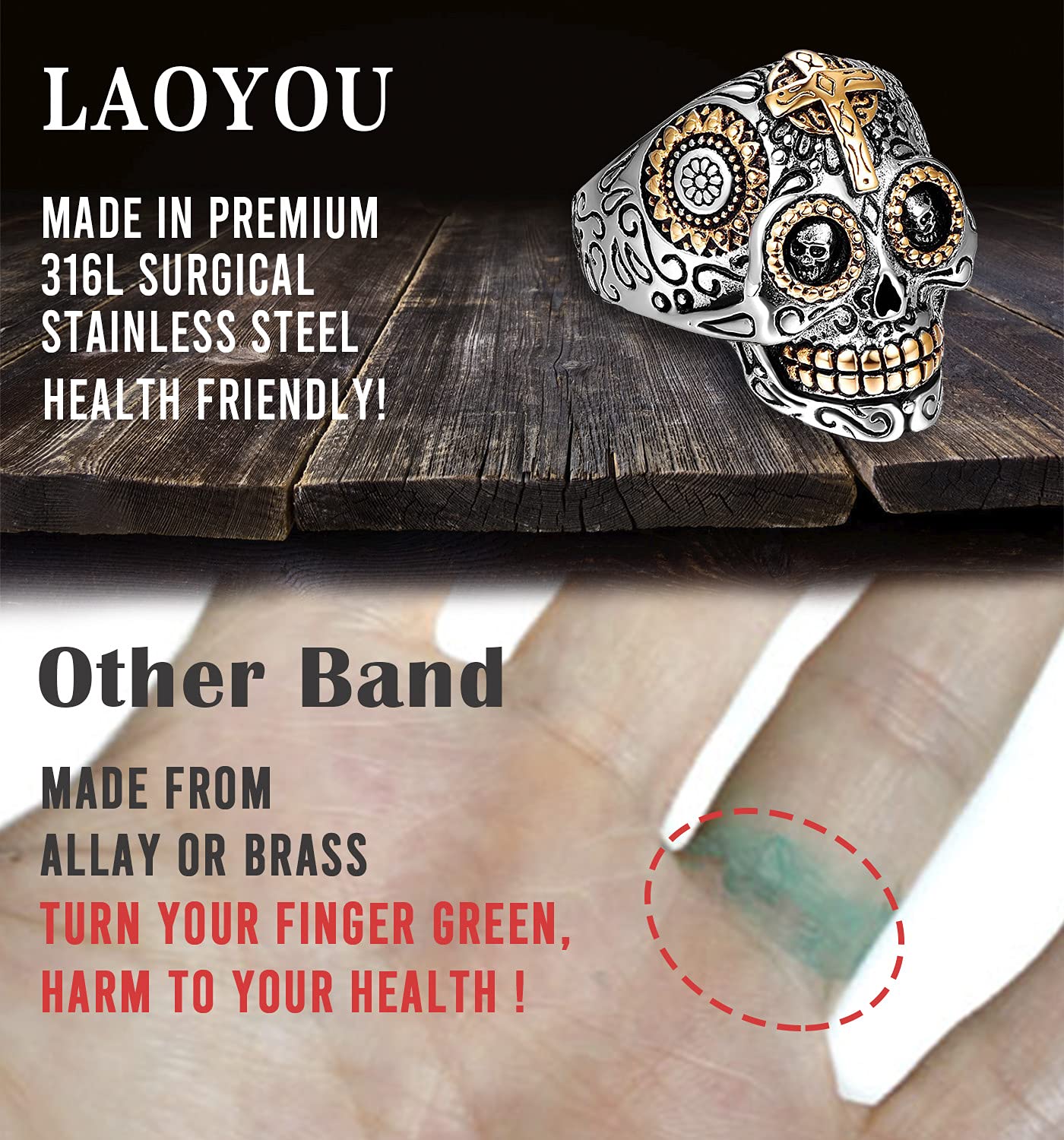 LAOYOU Sugar Skull Ring, Mens Stainless Steel Bikers Gothic Rings for Men, Promise Wedding Engagement Anniversary Couples Birthday Christmas Giving Gifts for Son Husband Halloween Present Size 14