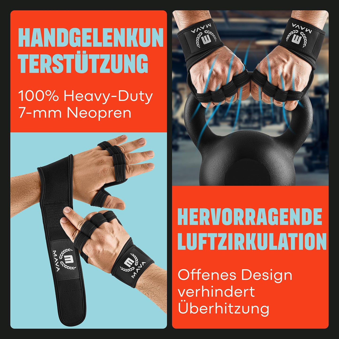 Mava Sports Belüftete Handschuhe für Männer und Frauen | mit integrierten Handgelenksmanschetten und vollflächiger Silikonpolsterung | Perfekt für Gewichtheben, Cross-Training, WOD (Schwarz, M)