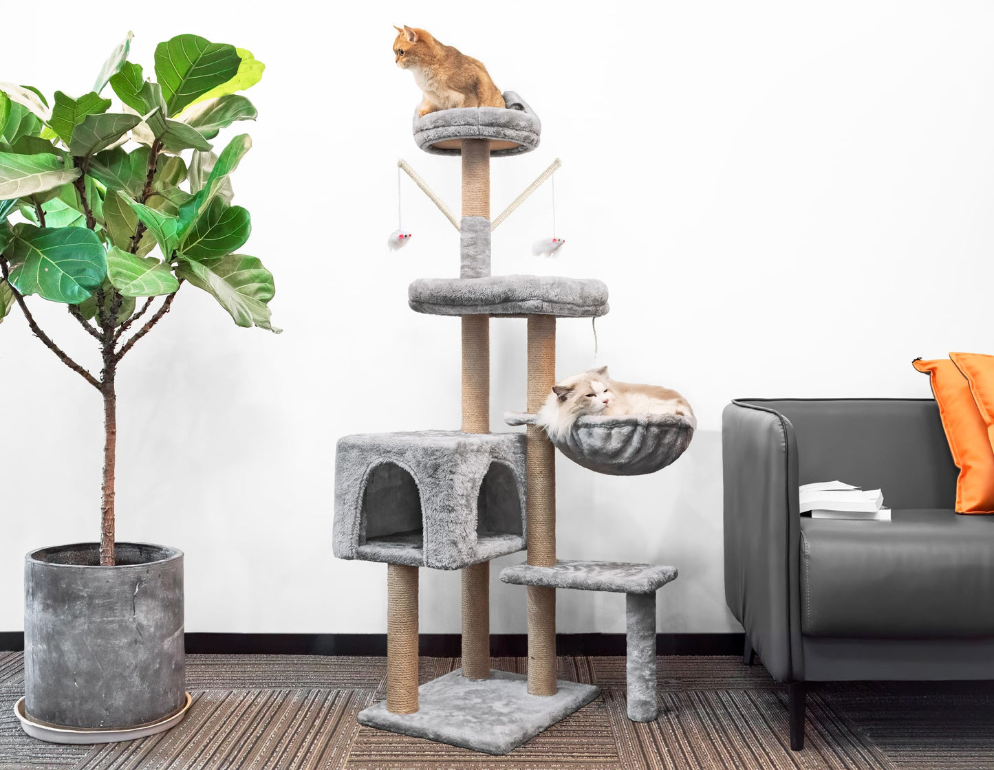 HOMIDEC Katzen Kratzbaum, 145 cm Katzenbaum Kletterturm, Kletterbaum Aktivitätskratzbäum mit Säulen vollständig mit Sisal umwickelt, Katzenspielzeug, Höhle, Plattformen, Liegemulde, Hellgrau