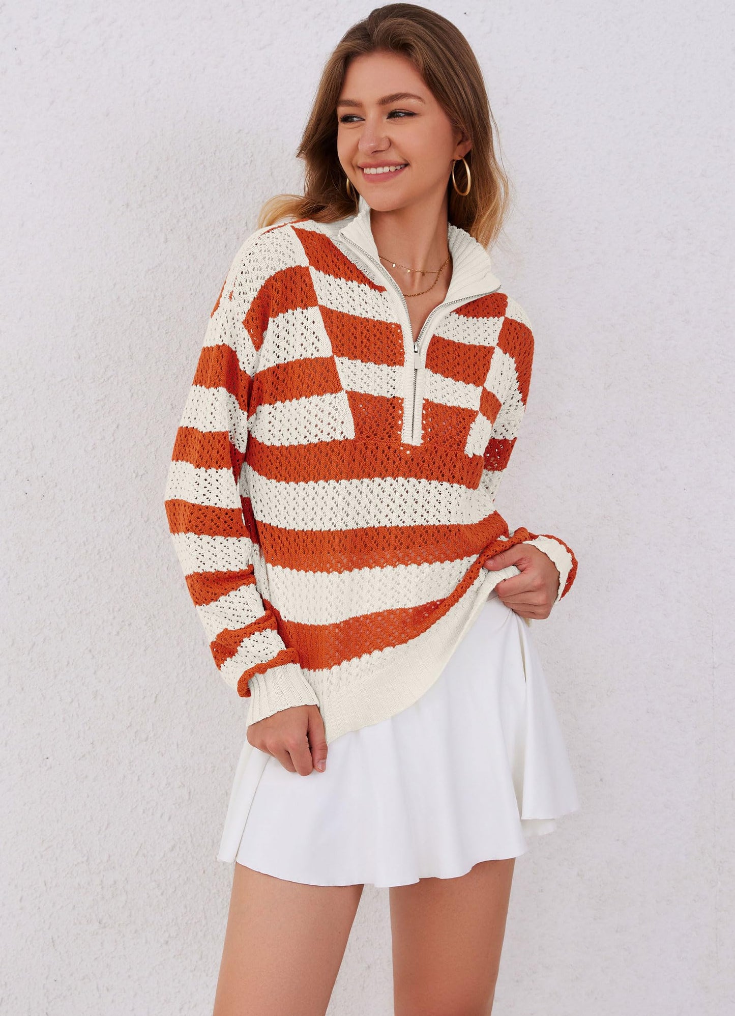 Womens Orange Striped Sweater Quarter Zip Pullover V Neck Crochet 2024 Color Block Trendy Knit Crop Tops