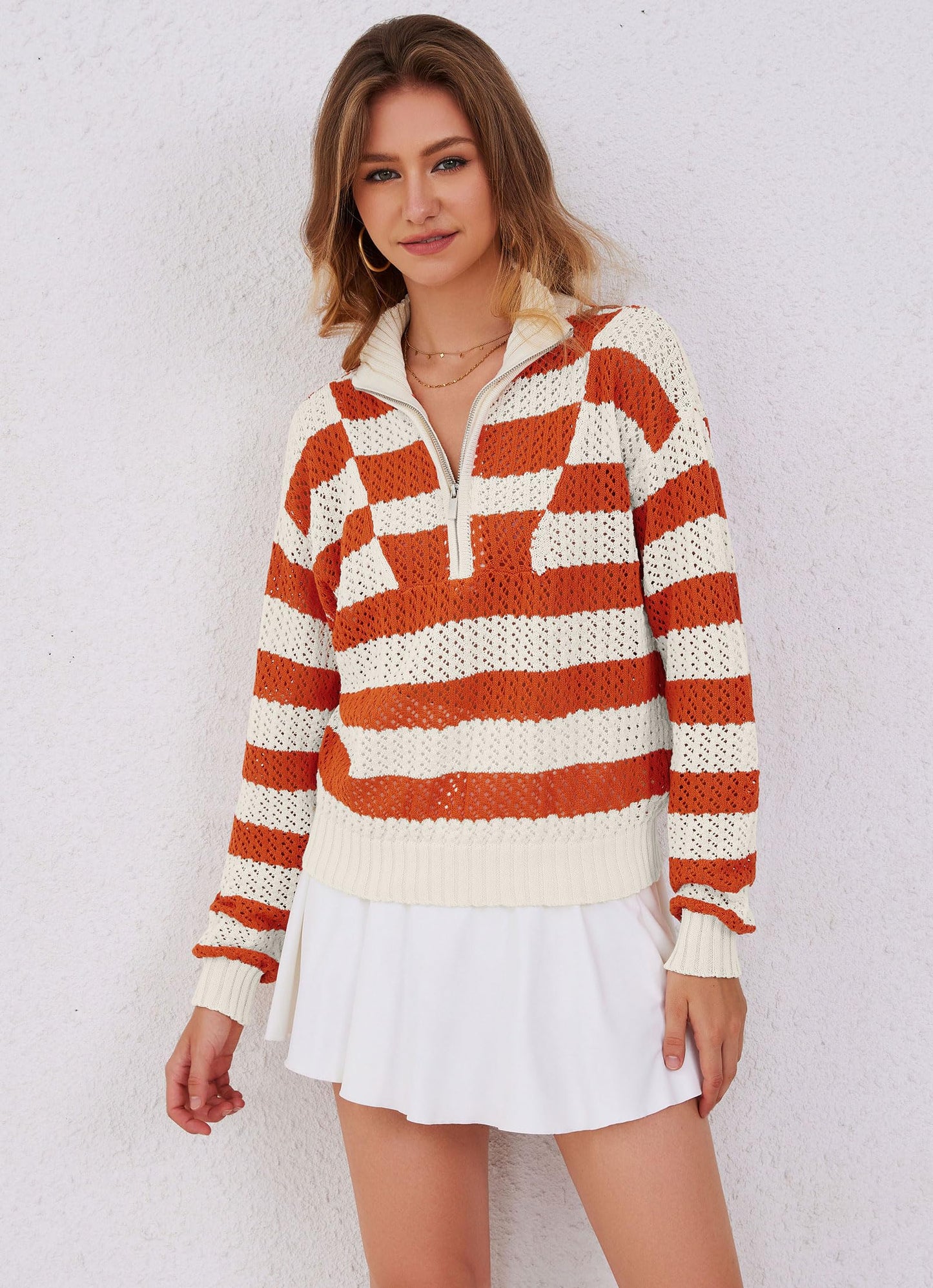 Womens Orange Striped Sweater Quarter Zip Pullover V Neck Crochet 2024 Color Block Trendy Knit Crop Tops