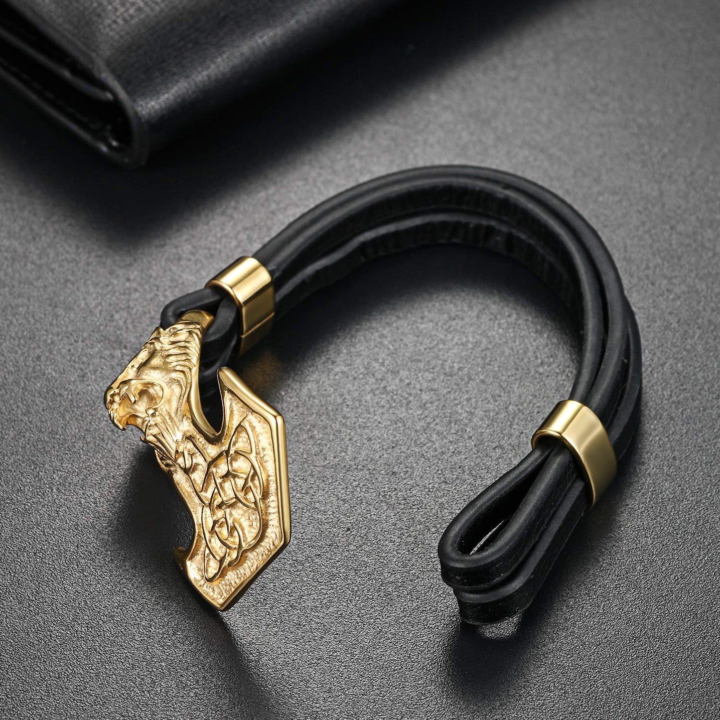 OIDEA Leder Armband Herren Thor Hammer Löwe Kopf Armreif für Herren Männer Jungen Unisex Gold Schwarz