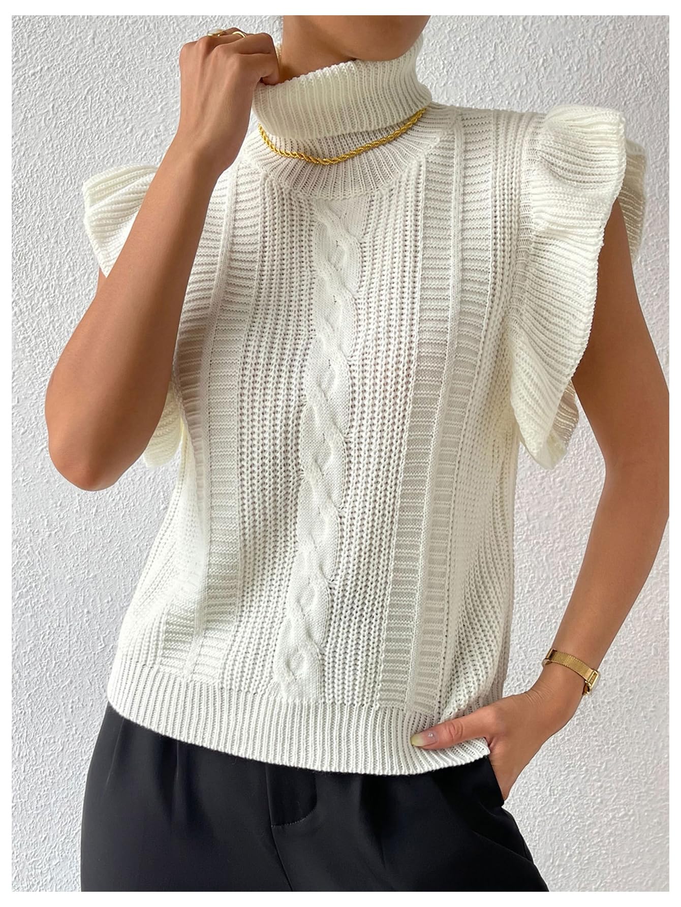 Floerns Damen-Pullover mit Rüschenbesatz und Zopfmuster, Rollkragen, ärmellos, Tanktop, Beige, Größe M