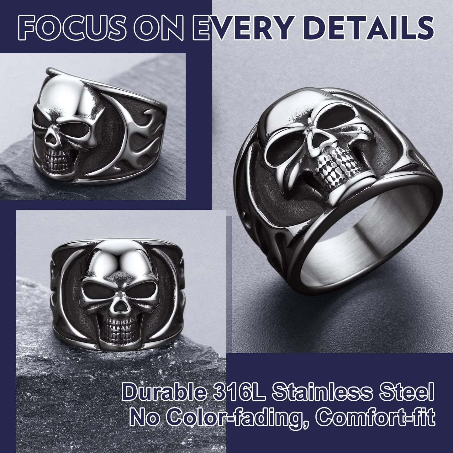 Bandmax Black Skull Ring for Men Size 12 Stainless Steel Chunky Biker Skull Rings Flame Skull Rings Blazing Skull Rider Ring Punk Jewelry