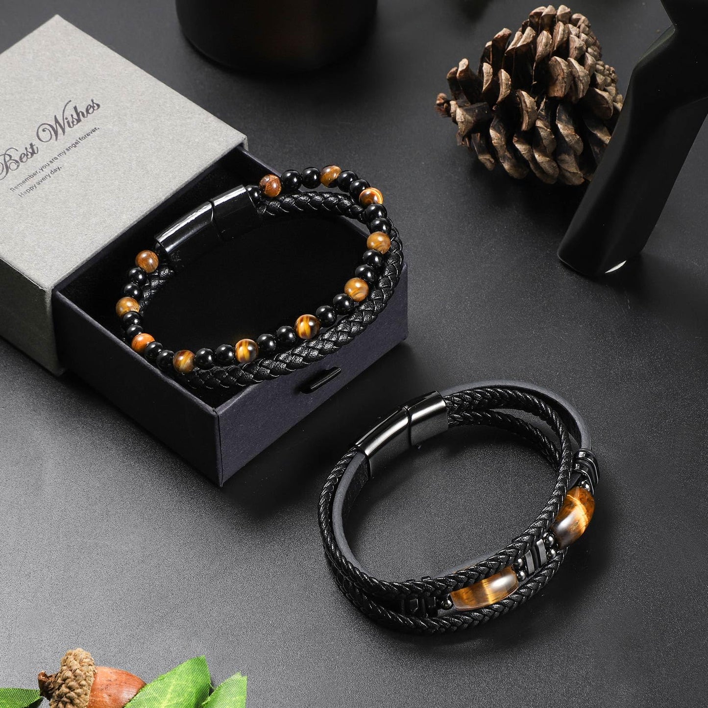 Enjoy Risingsun Tigerauge Schwarzes Lederarmband für Herren, natürlicher Tigerauge-Edelstein, Kristallstein-Schmuck, handgefertigt, Mut- und Stressabbau-Schutzarmband