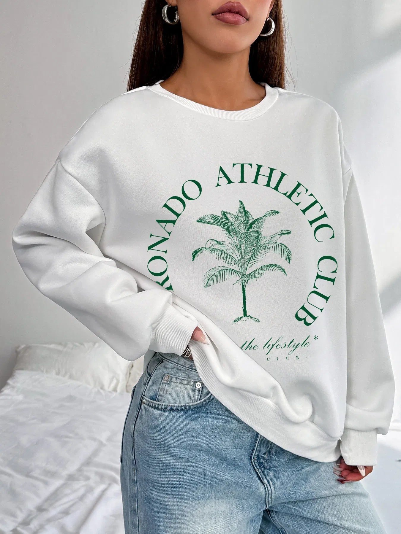 Women Basic Casual Pullover Spring Autumn Long Sleeve Green Plant Printed Round Neck