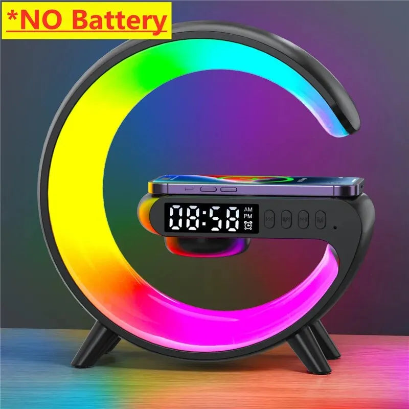 Wireless Charger Pad Stand Speaker TF Card RGB Night Light Lamp Alarm Clock Fast Charging Station Dock for Iphone Samsung Xiaomi