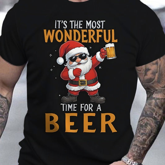 Men's Santa Claus Enjoys Beer Pattern T-shirt - Casual Round Neck Short Sleeve