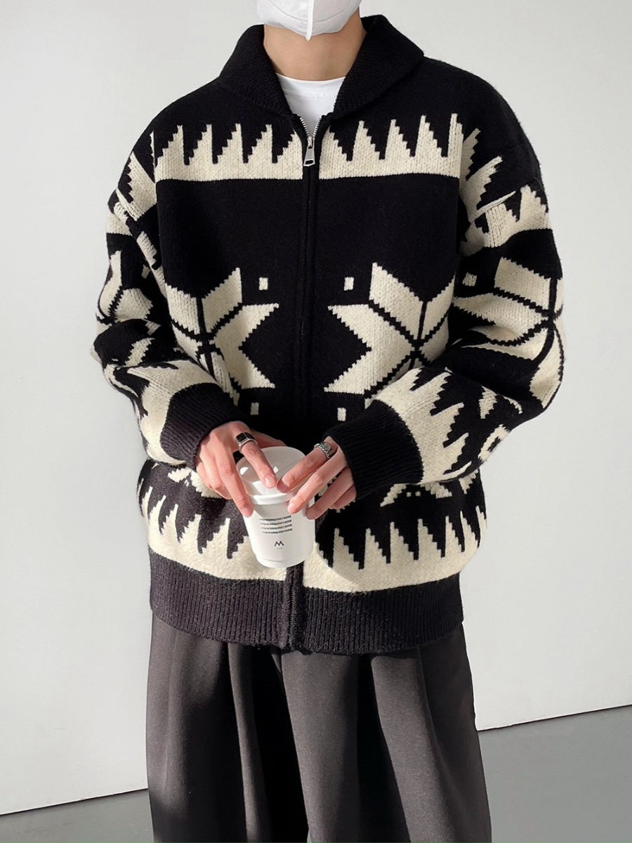 Geometric Contrast Color Lapel Sweater Cardigan Men's Knitted Jackets