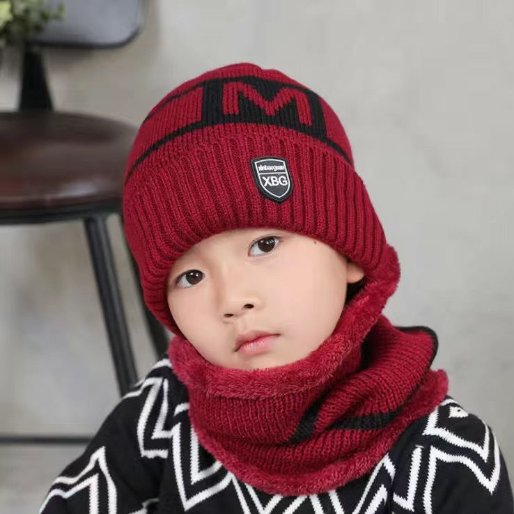 Children's Hats For Autumn And Winter New Boys' Hats And Bibs Set Korean Letters Knitted Hedging Warm Woolen Caps