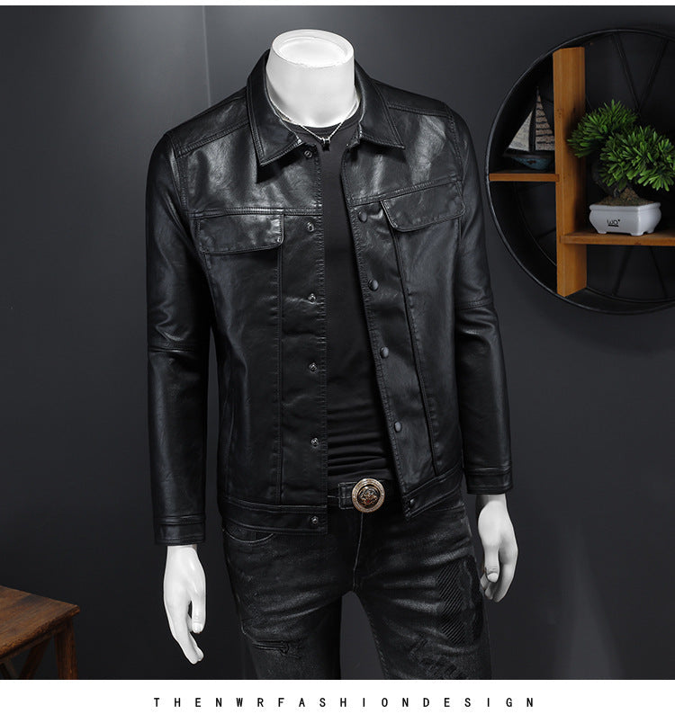 Men's Long-sleeved Lapel Motorcycle Pu Handsome Leather Coat