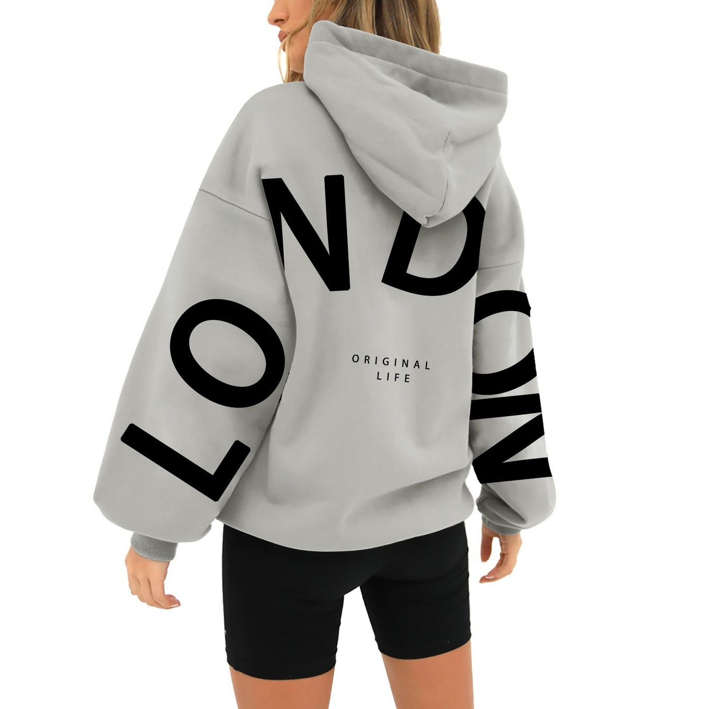 Printed Long Sleeve Loose Pockets Hooded Sweater