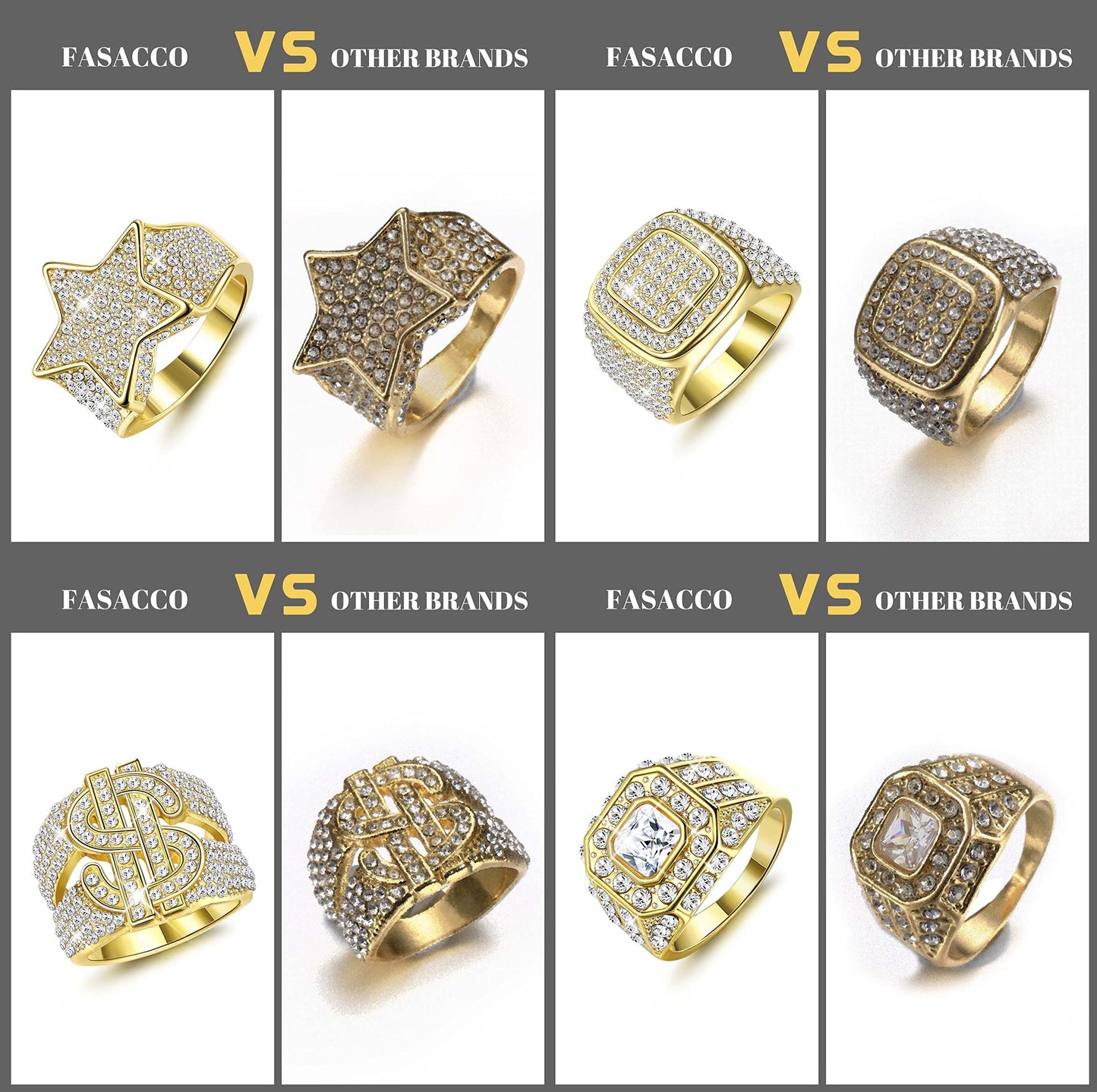 FASACCO 5 Stück 18 Karat vergoldeter Bling-Ring für den kleinen Finger, künstlicher Diamant, Iced Out-Ring, CZ, Punky-Rapper-Ring, Stern-Dollar-Zeichen, Hip-Hop-Ring für Männer, Größe 10