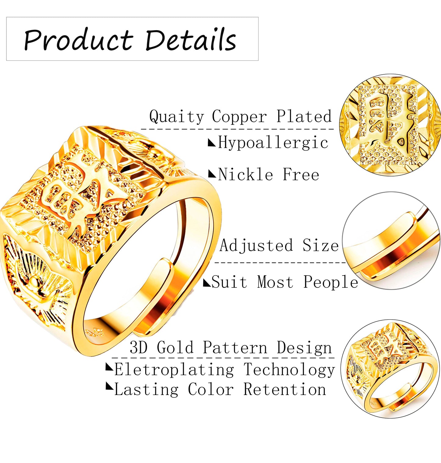 LOLIAS 4 Pcs Men's Gold Plated Ring Wedding Ring Kanji Ring Rich/Luck/Wealth Ring Set Adjustable