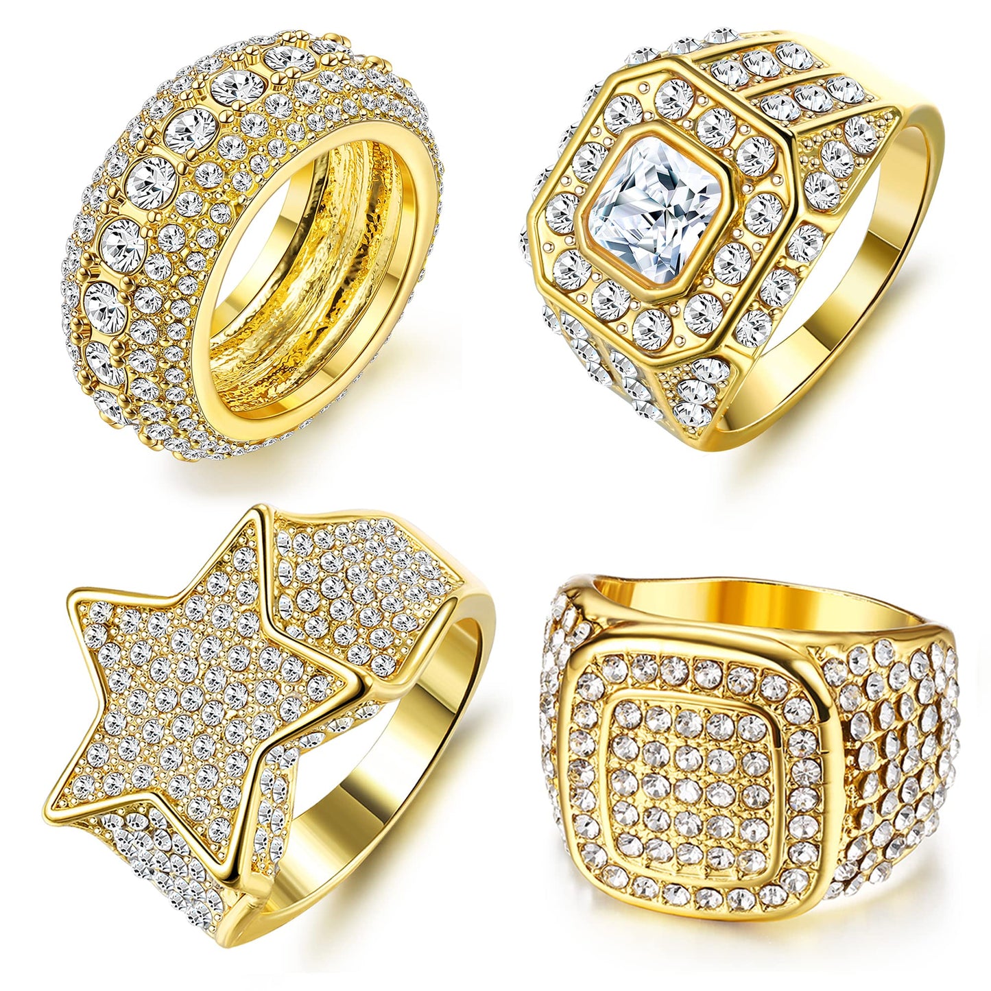 Jstyle 4Pcs 18K Gold Plated Bling Pinky Ring Simulated Diamond Iced Out Ring CZ Punky Rappers Ring Star Square Hip Hop Ring for Men