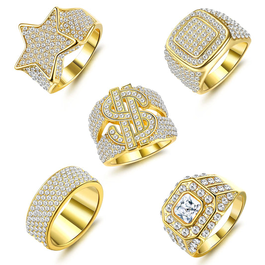 FASACCO 5Pcs 18K Gold Plated Bling Pinky Ring Simulated Diamond Iced Out Ring CZ Punky Rappers Ring Star Dollar Sign Hip Hop Ring for Men Size 10