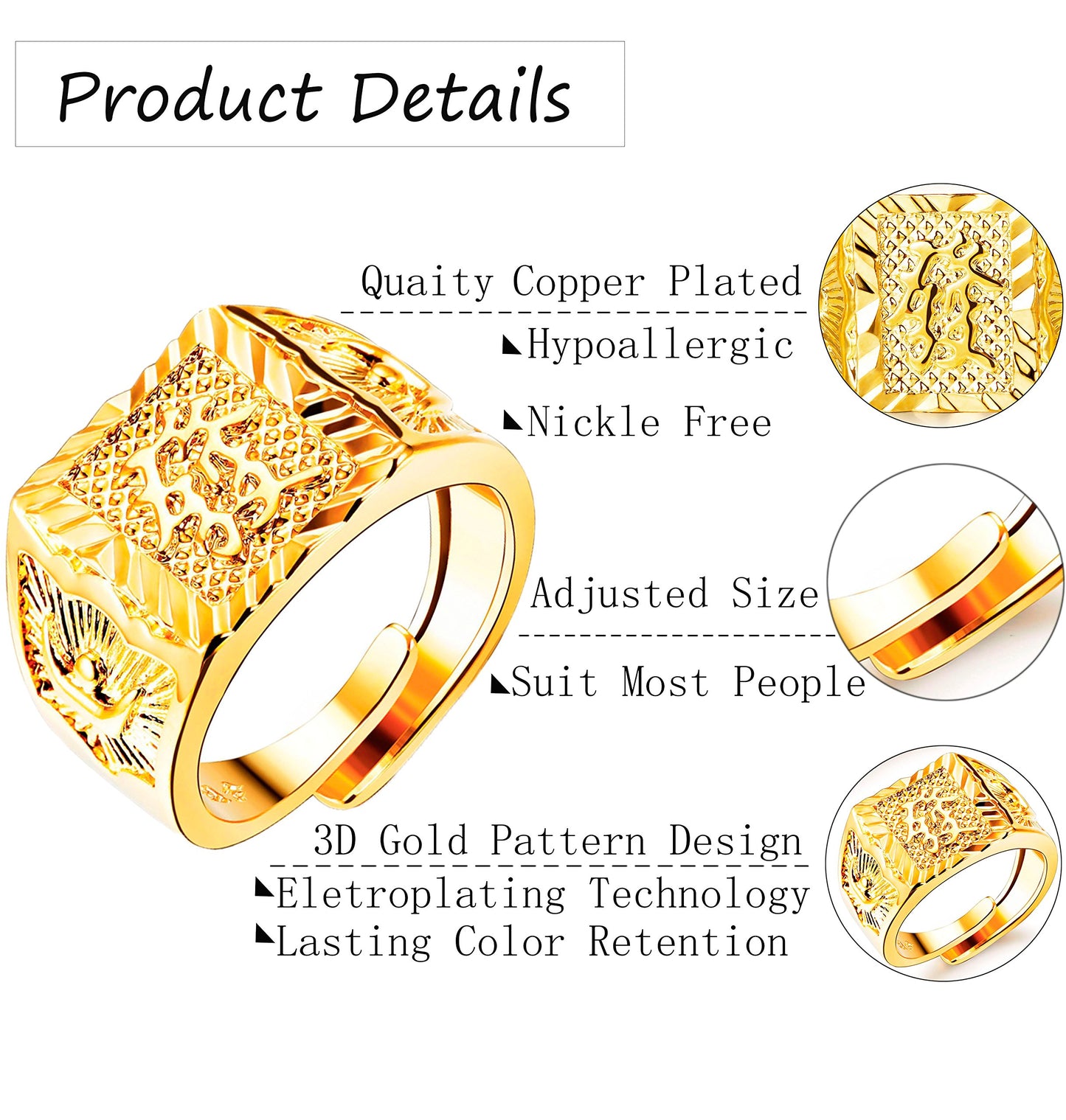 LOLIAS 4 Pcs Men's Gold Plated Ring Wedding Ring Kanji Ring Rich/Luck/Wealth Ring Set Adjustable