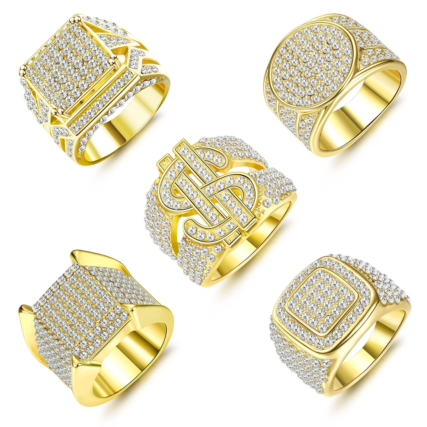 Besteel 5 Pcs Bling Pinky Ring for Men 18K Gold Plated Simulated Diamond Ring Hip Hop Iced Out Mens Gold Ring V9