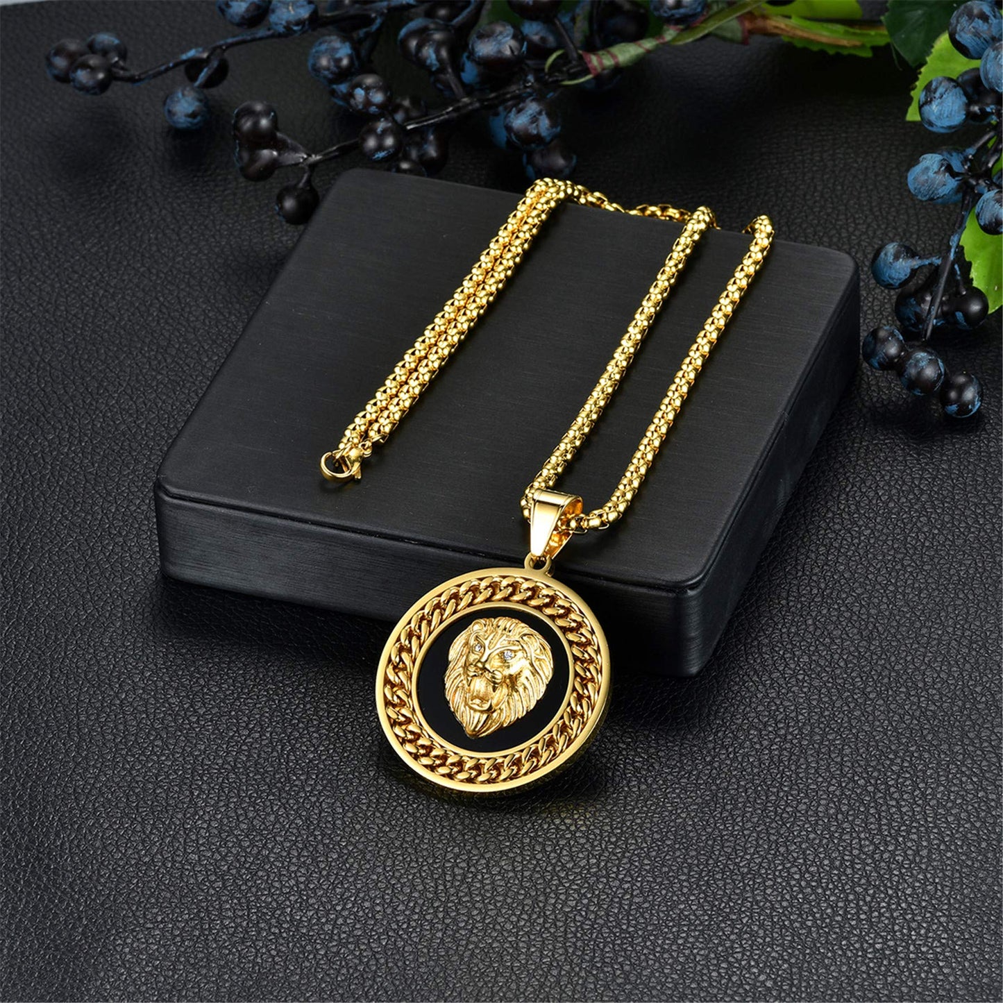 Flongo Herren Halskette Medaillon mit Löwe Kopf Anhänger Gold Löwenkopf Kette Hip Hop Biker für Männer Herren Accessoires