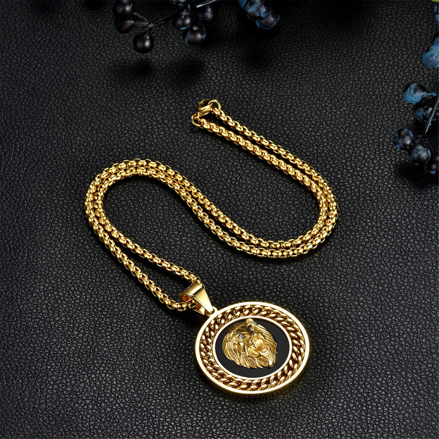 Flongo Herren Halskette Medaillon mit Löwe Kopf Anhänger Gold Löwenkopf Kette Hip Hop Biker für Männer Herren Accessoires