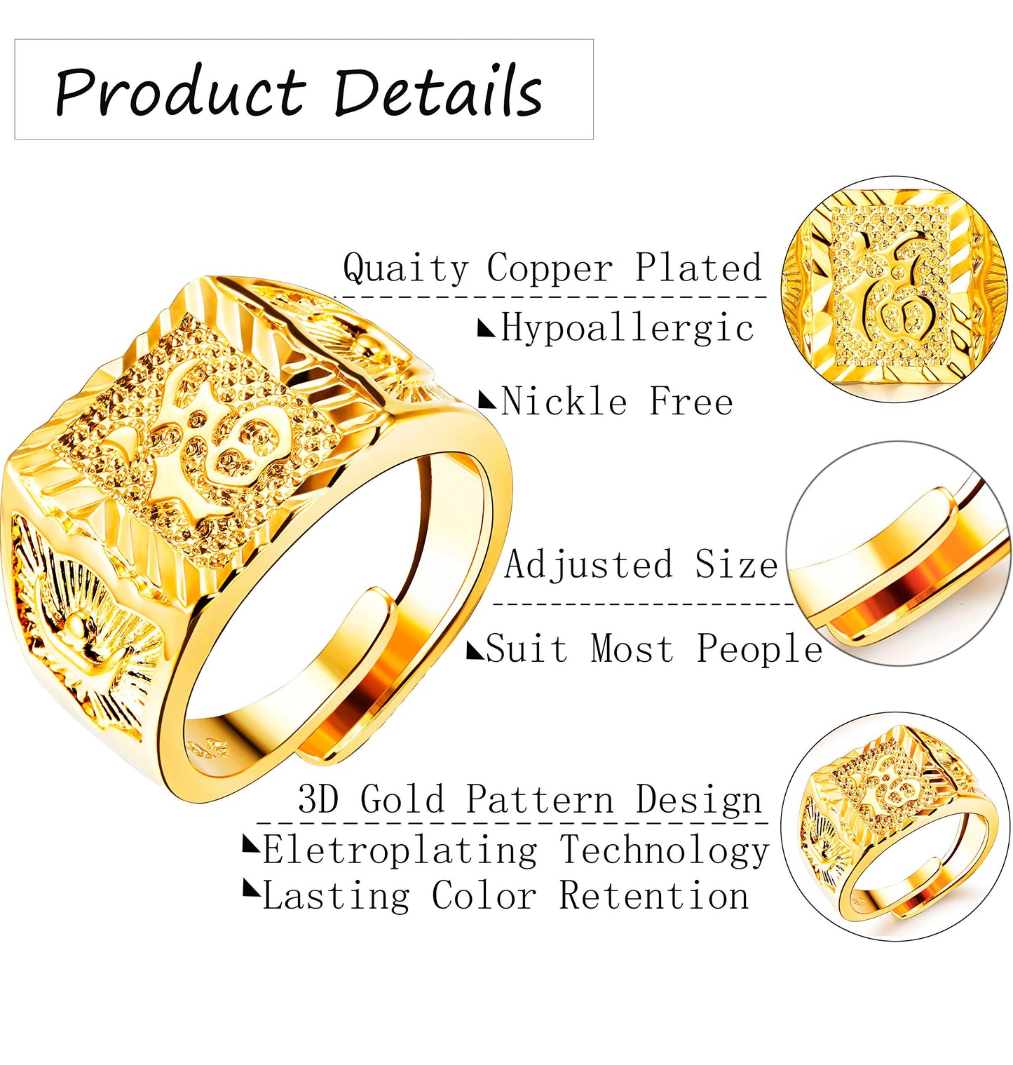 LOLIAS 4 Pcs Men's Gold Plated Ring Wedding Ring Kanji Ring Rich/Luck/Wealth Ring Set Adjustable